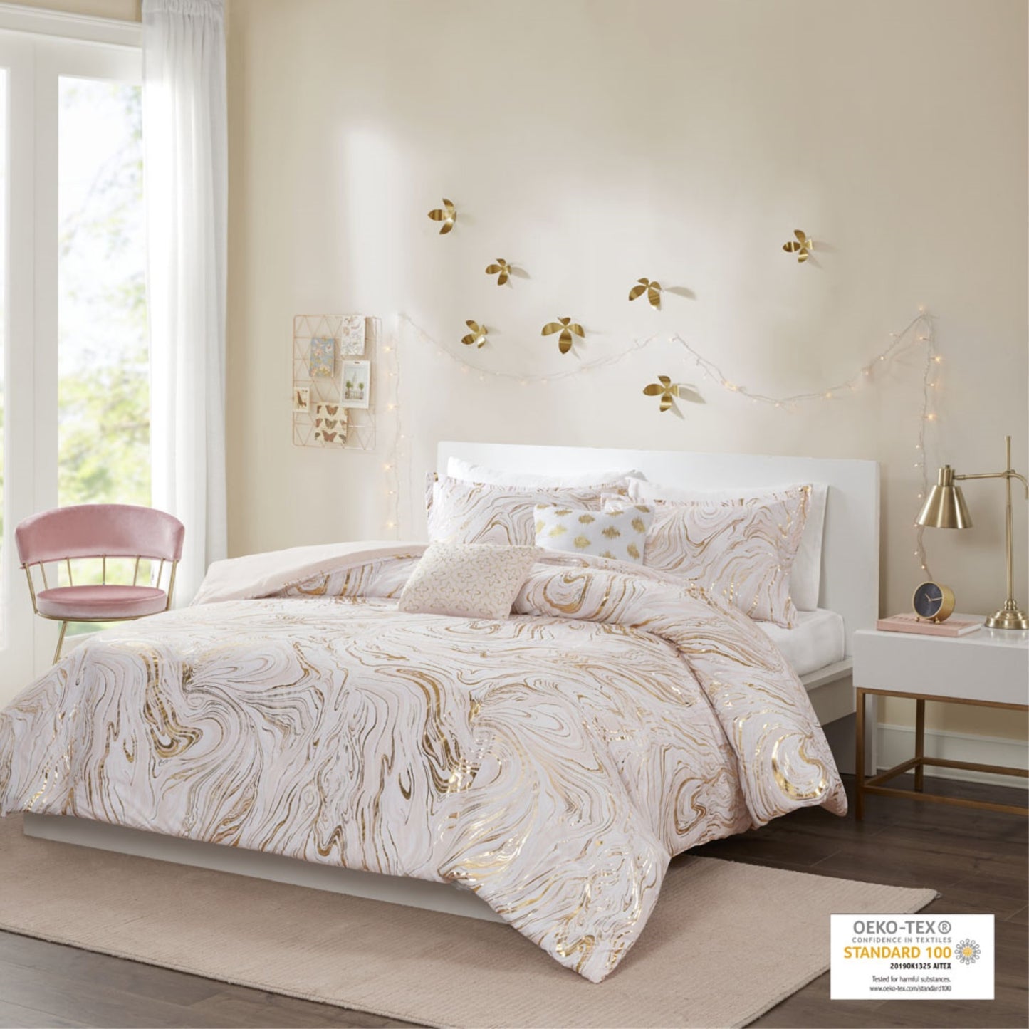 CasaFoyer Metallic Printed Duvet Cover Set - Swirl Marble Design - Blush, White, and Gold Tones - OEKO-TEX Certified - Antimicrobial - Includes Shams and Decorative Pillows - Easy Insertion and Secure Fit - Luxurious Charm