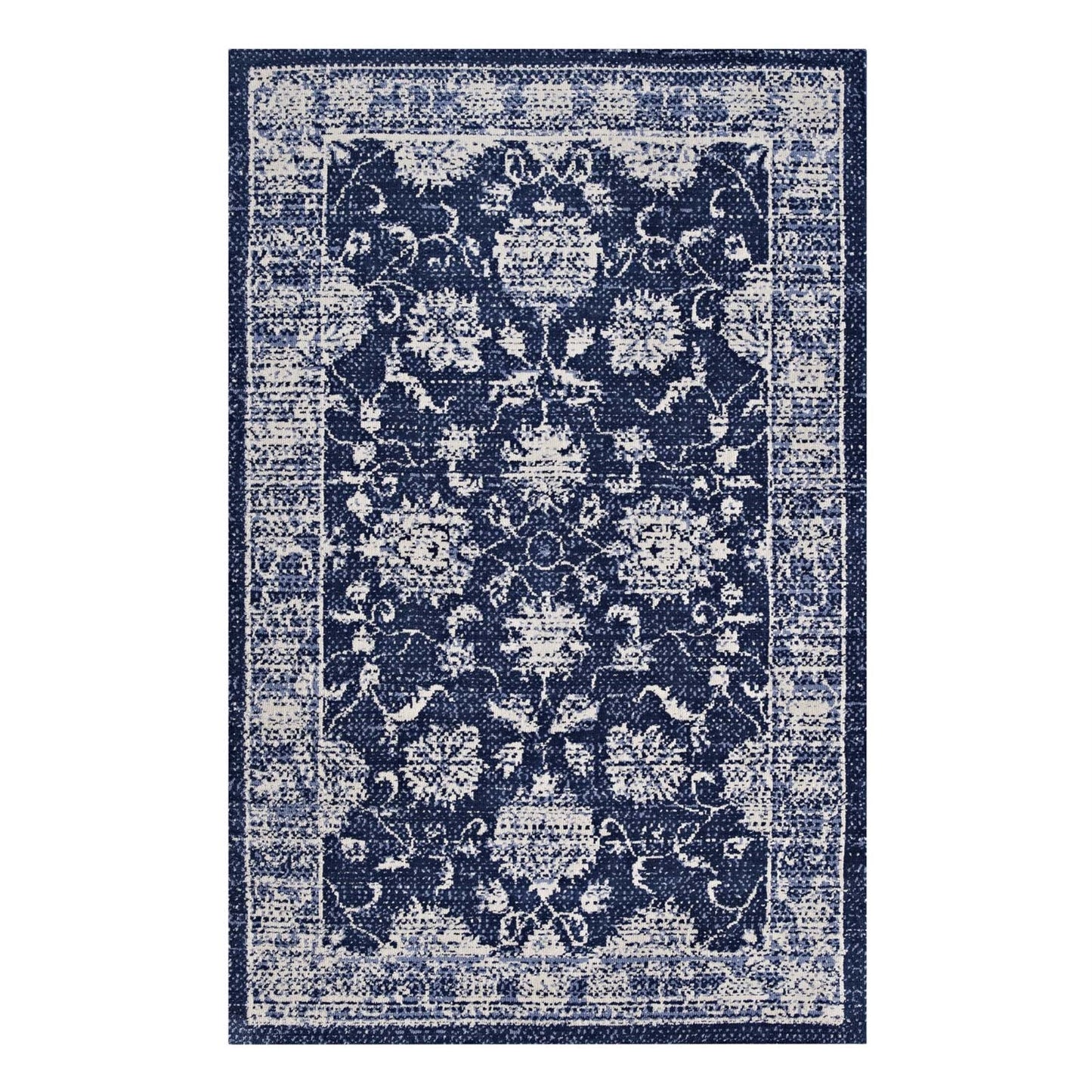 CasaFoyer Kazia Distressed Floral Lattice Area Rug - Modern Design, Soft Polyester Microfiber, Jute Bottom - Stain-Resistant, Non-Shedding - 5x8 Dark Blue/Ivory