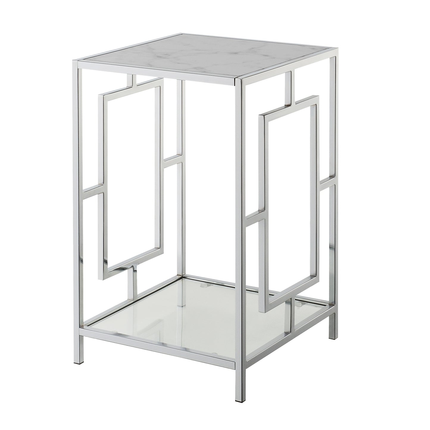 CasaFoyer Town Square Chrome End Table with Shelf - Geometric Design, Faux Marble Top, Tempered Glass Bottom, Easy Assembly - Enhance Your Living Area