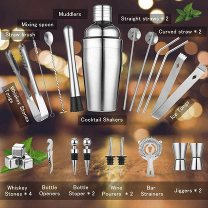 Bar Sets | CasaFoyer 22-piece stainless steel cocktail shaker | Full Accessories & Ice Stones | casafoyer.myshopify.com