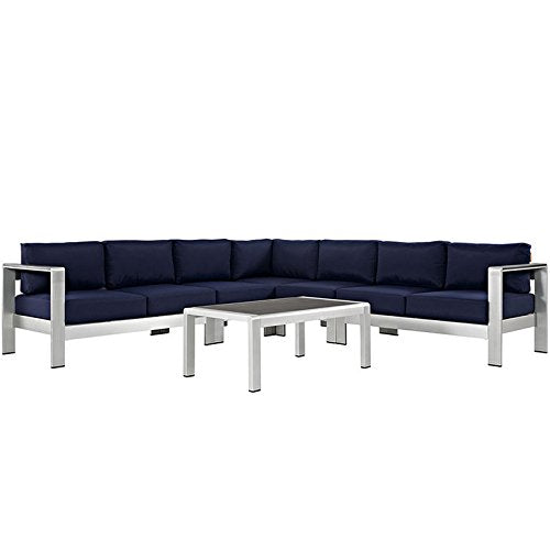 kitchen and dining room sets | CasaFoyer Shore Outdoor Patio Collection | Durable Aluminum Sectional Sofa Set | Resilient Fabric Canvas | Includes Coffee Table | Silver Navy | casafoyer.myshopify.com