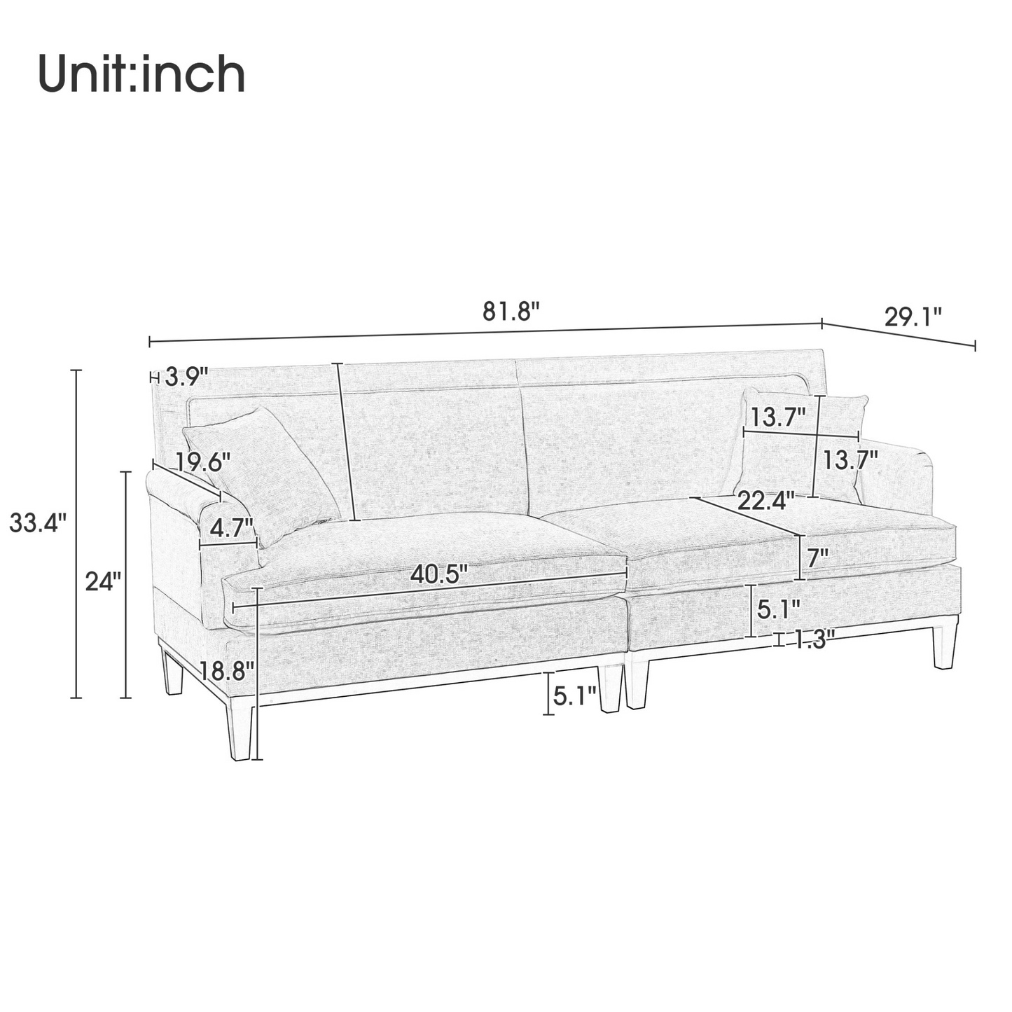 Sofa & Chair sets | Upholstered Country Style Sofa with Wooden Legs and Two Throw Pillows | casafoyer.myshopify.com