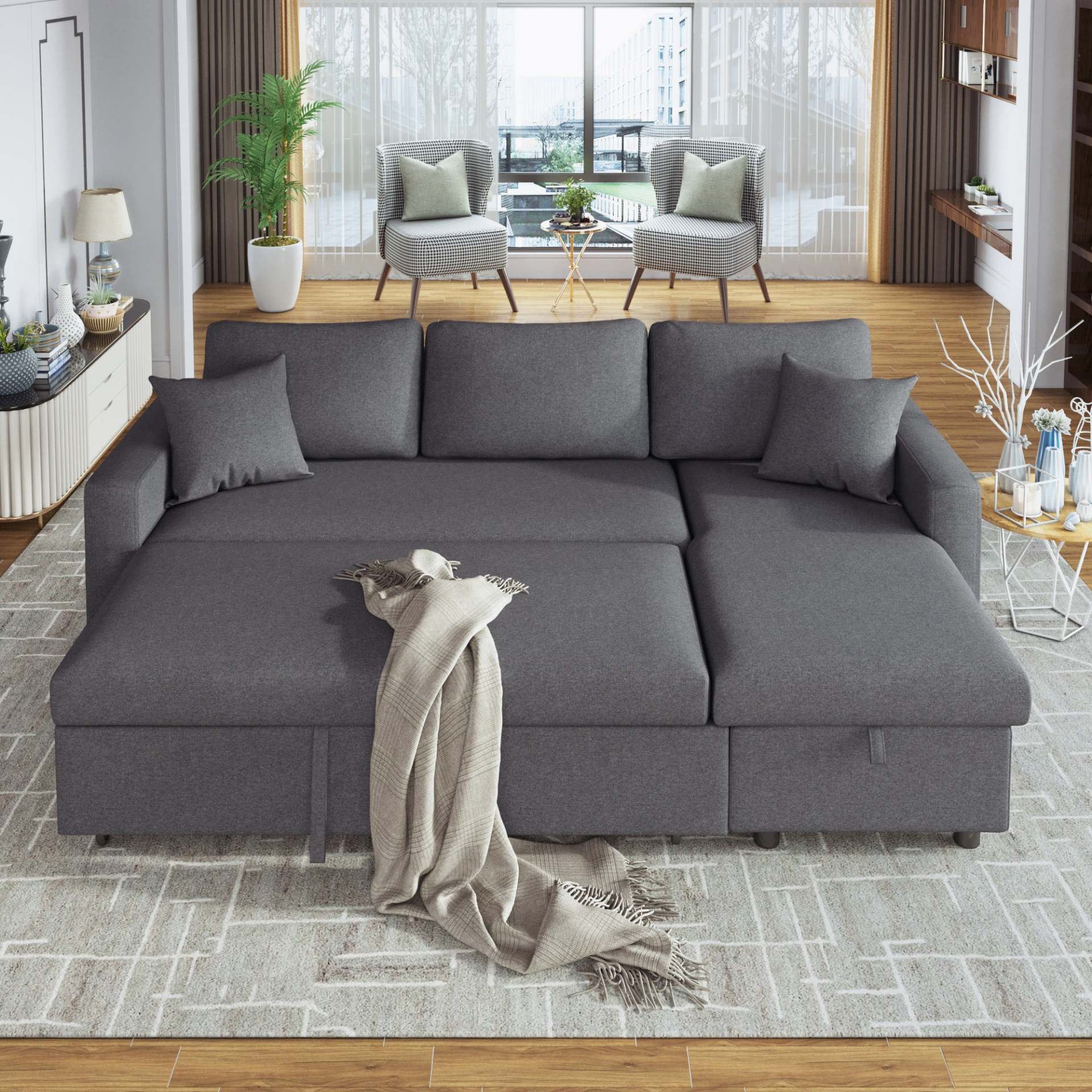 Sofa & Chair sets | CasaFoyer Upholstery Sleeper Sectional Sofa Grey with Storage Space, 2 Tossing Cushions | casafoyer.myshopify.com