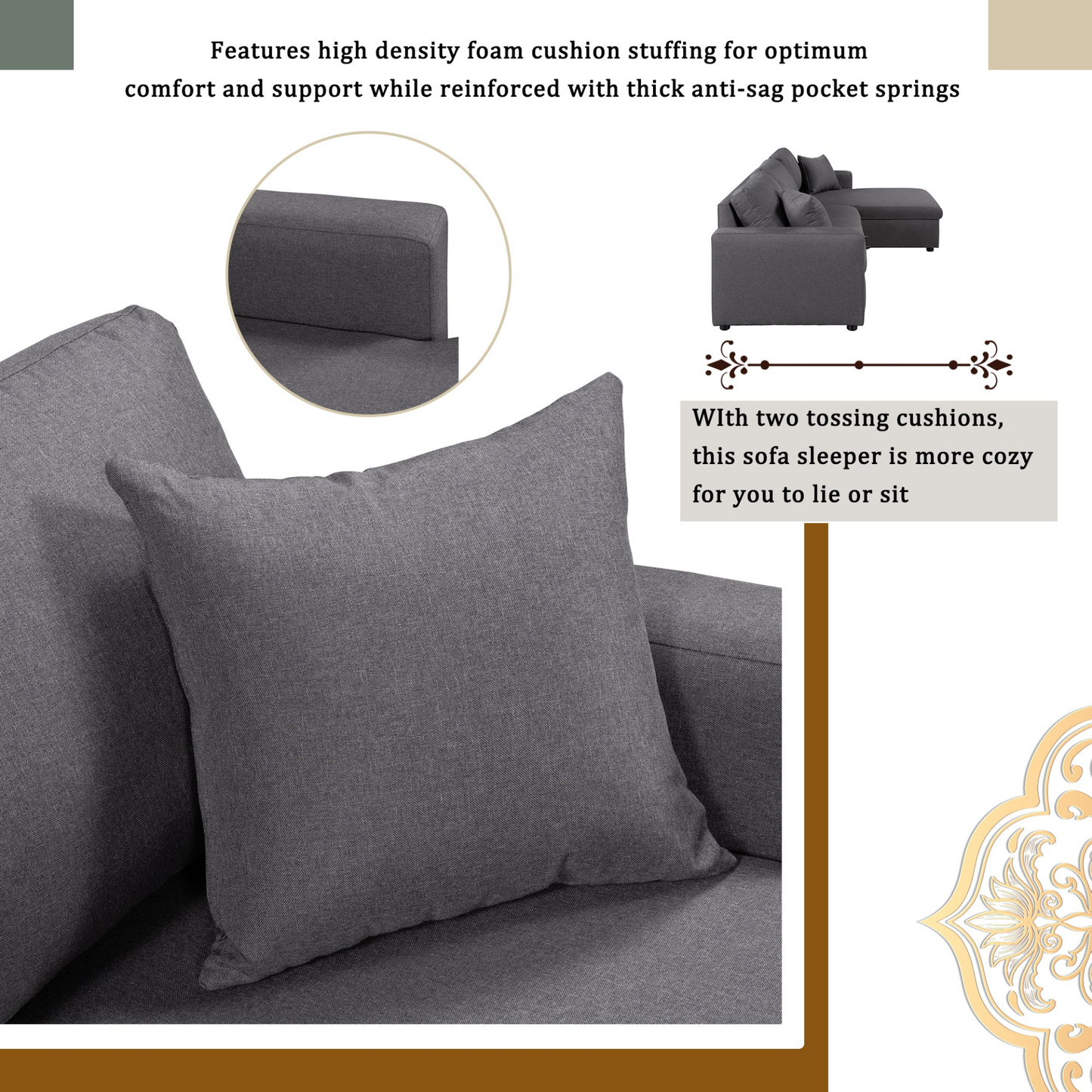 Sofa & Chair sets | CasaFoyer Upholstery Sleeper Sectional Sofa Grey with Storage Space, 2 Tossing Cushions | casafoyer.myshopify.com