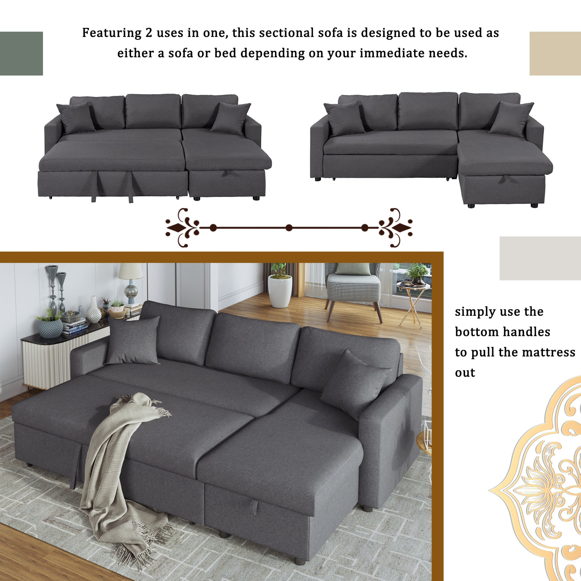 Sofa & Chair sets | CasaFoyer Upholstery Sleeper Sectional Sofa Grey with Storage Space, 2 Tossing Cushions | casafoyer.myshopify.com