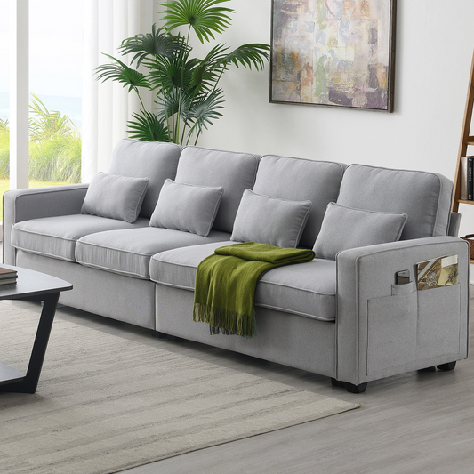 Sofa & Chair sets | 4-Seater Modern Linen Fabric Sofa with Armrest Pockets and 4 Pillows,Minimalist Style Couch for Living Room, Apartment, Office,3 Colors | casafoyer.myshopify.com