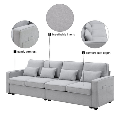 Sofa & Chair sets | 4-Seater Modern Linen Fabric Sofa with Armrest Pockets and 4 Pillows,Minimalist Style Couch for Living Room, Apartment, Office,3 Colors | casafoyer.myshopify.com