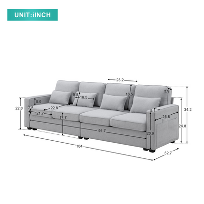 Sofa & Chair sets | 4-Seater Modern Linen Fabric Sofa with Armrest Pockets and 4 Pillows,Minimalist Style Couch for Living Room, Apartment, Office,3 Colors | casafoyer.myshopify.com