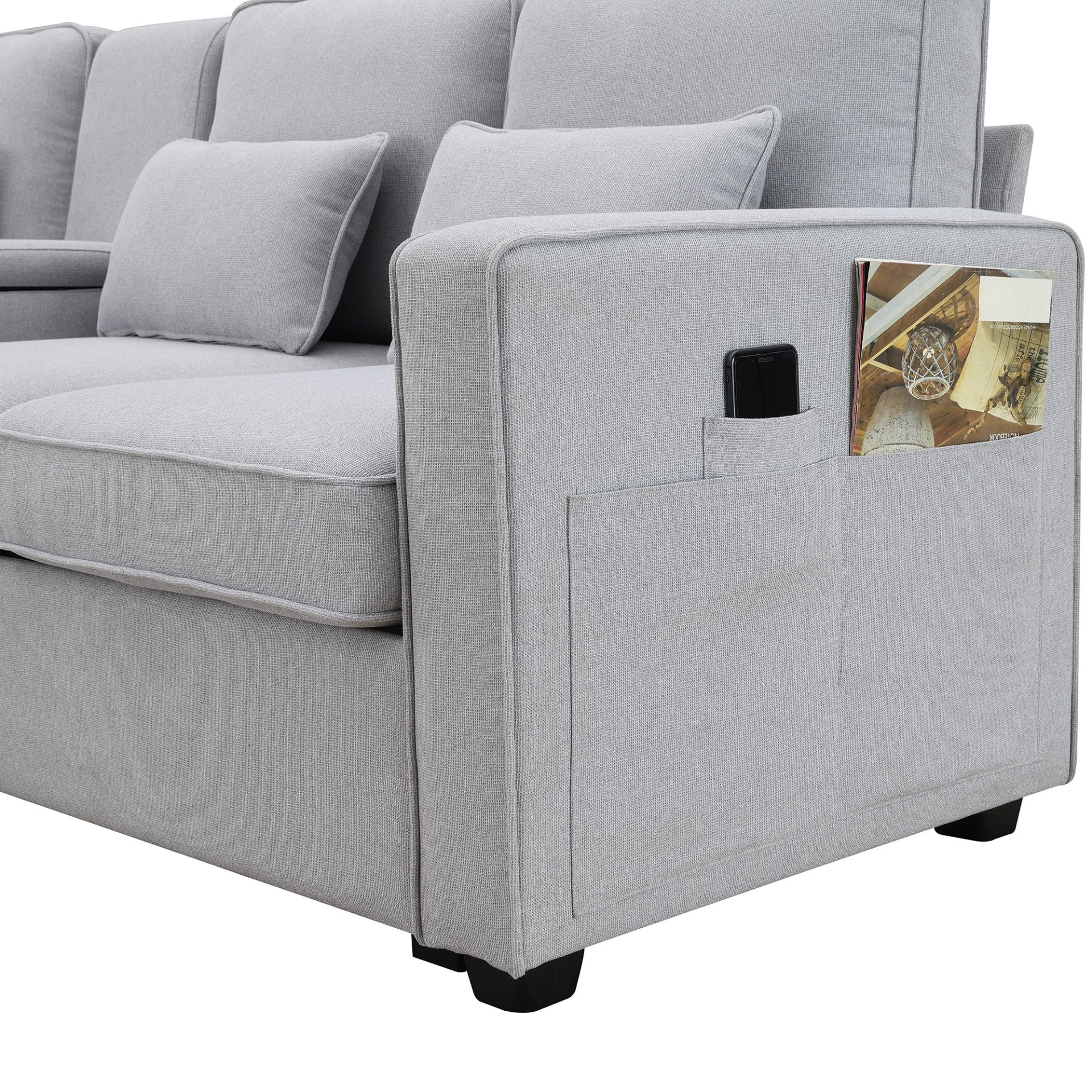 Sofa & Chair sets | 4-Seater Modern Linen Fabric Sofa with Armrest Pockets and 4 Pillows,Minimalist Style Couch for Living Room, Apartment, Office,3 Colors | casafoyer.myshopify.com