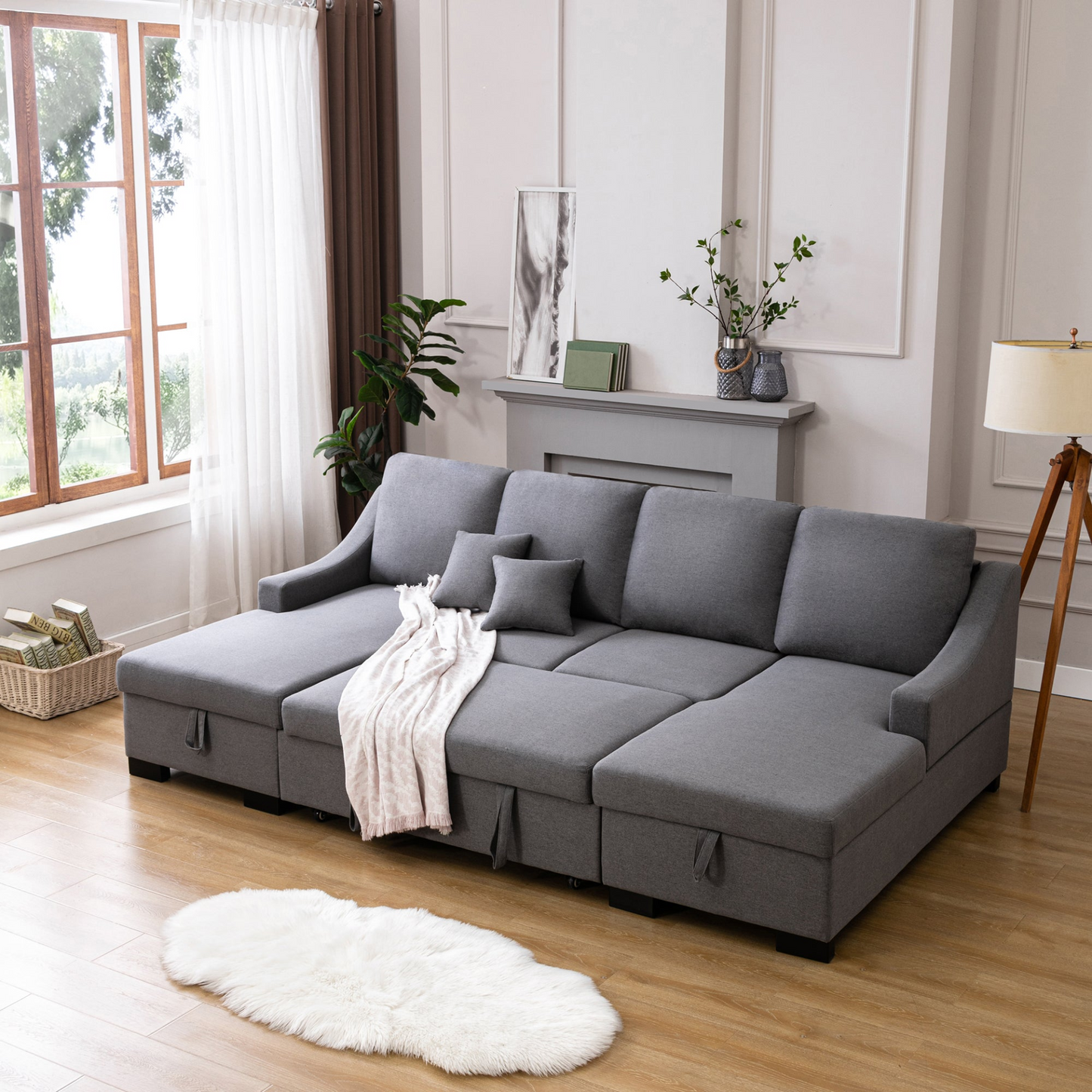 Sofa & Chair sets | Upholstery Sleeper Sectional Sofa with Double Storage Spaces, 2 Tossing Cushions, Grey | casafoyer.myshopify.com