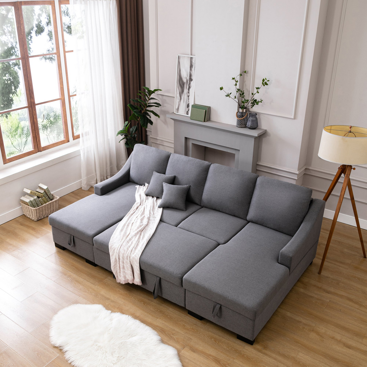 Sofa & Chair sets | Upholstery Sleeper Sectional Sofa with Double Storage Spaces, 2 Tossing Cushions, Grey | casafoyer.myshopify.com