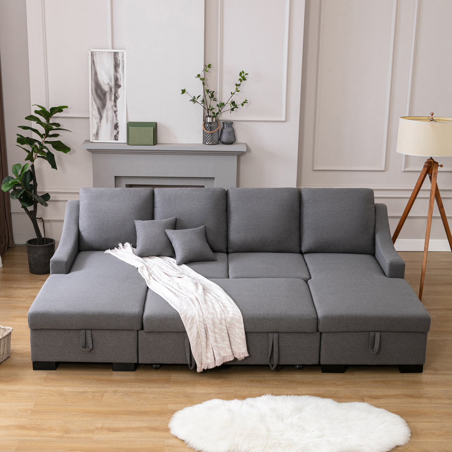 Sofa & Chair sets | Upholstery Sleeper Sectional Sofa with Double Storage Spaces, 2 Tossing Cushions, Grey | casafoyer.myshopify.com