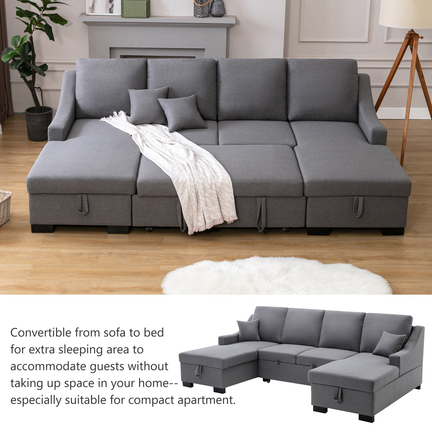 Sofa & Chair sets | Upholstery Sleeper Sectional Sofa with Double Storage Spaces, 2 Tossing Cushions, Grey | casafoyer.myshopify.com