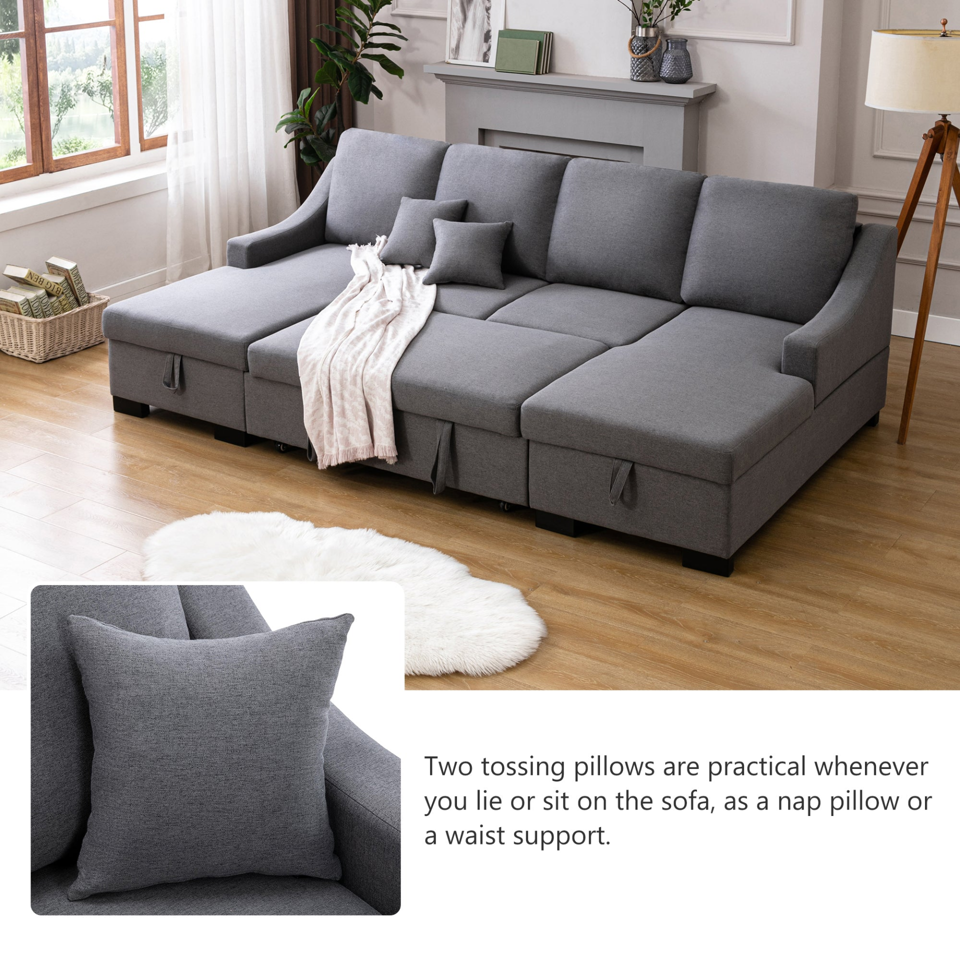 Sofa & Chair sets | Upholstery Sleeper Sectional Sofa with Double Storage Spaces, 2 Tossing Cushions, Grey | casafoyer.myshopify.com