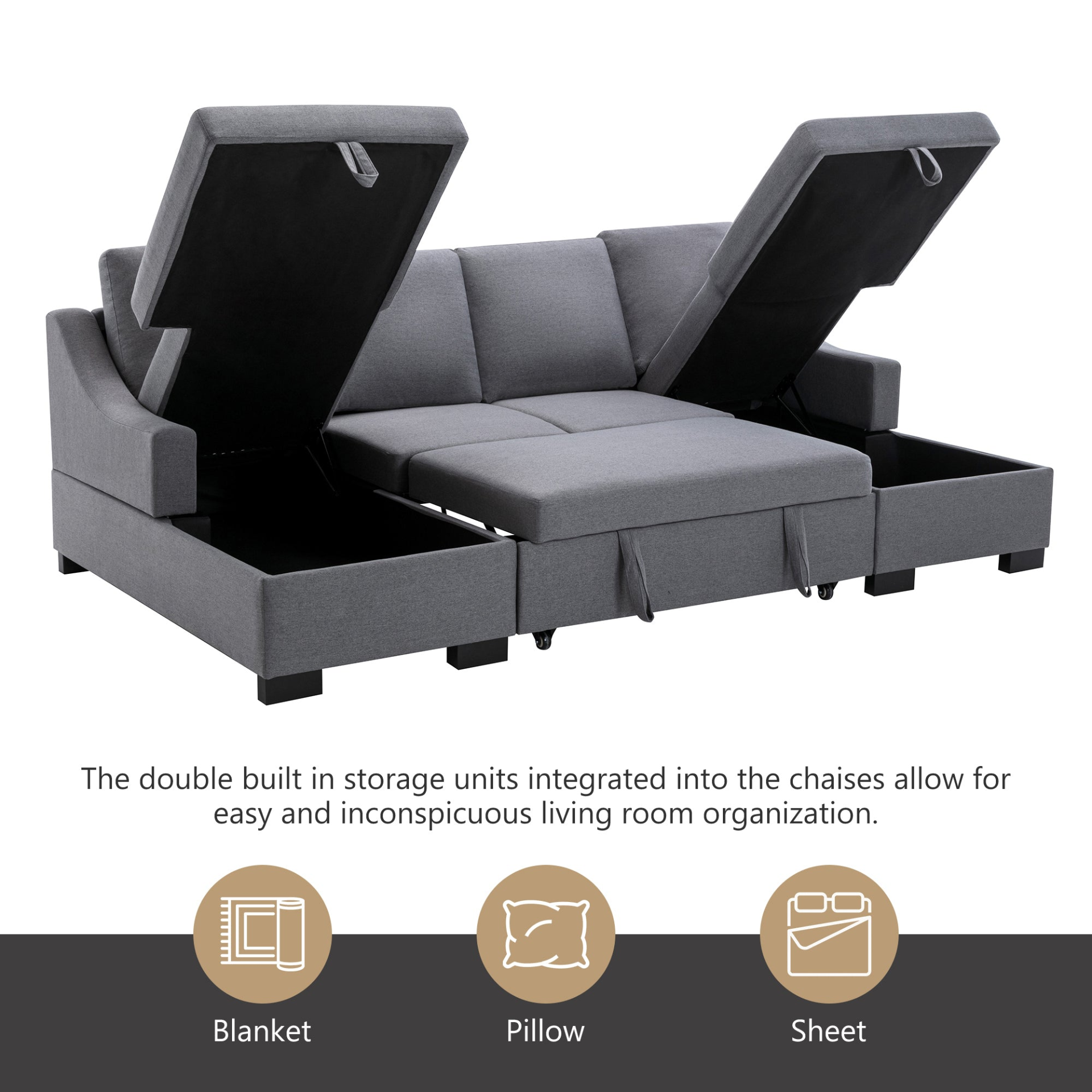 Sofa & Chair sets | Upholstery Sleeper Sectional Sofa with Double Storage Spaces, 2 Tossing Cushions, Grey | casafoyer.myshopify.com