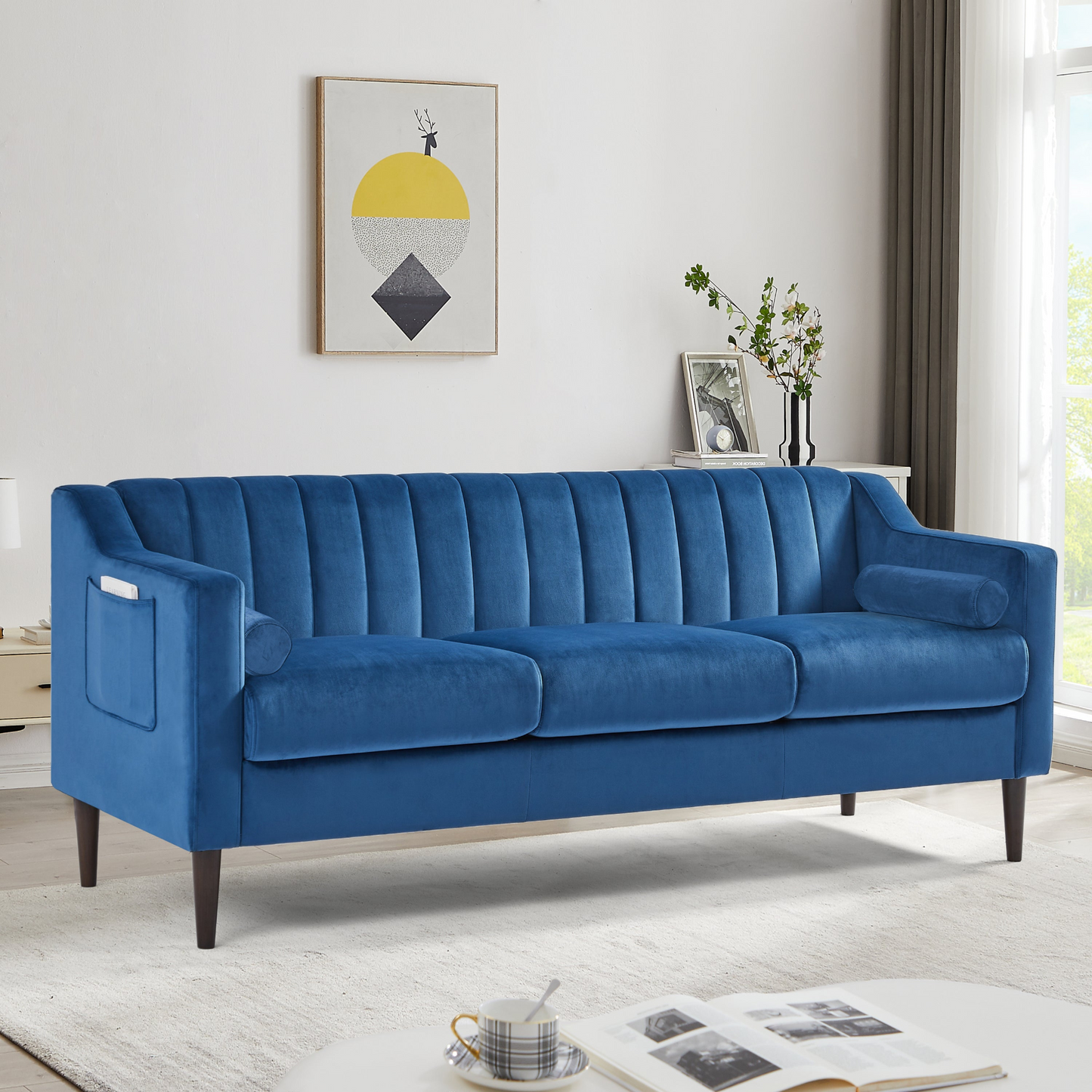 Sofa & Chair sets | Modern Chesterfield sofa couch, Comfortable Upholstered sofa with Velvet Fabric and Wooden Frame and Wood Legs for Living Room/Bedroom/Office Blue --3 Seats | casafoyer.myshopify.com