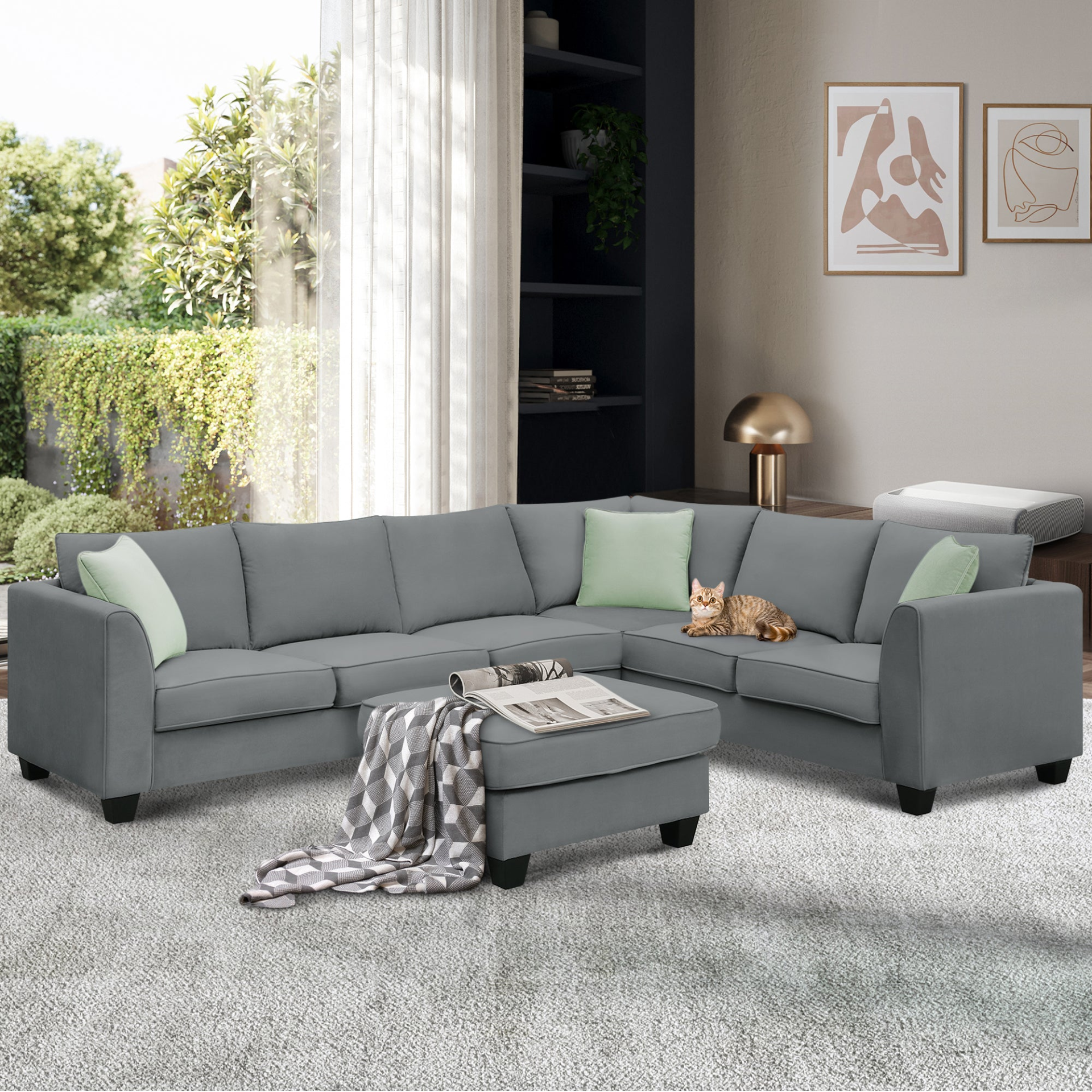 Sofa & Chair sets | Sectional Sofa Couches Living Room Sets, 7 Seats Modular Sectional Sofa with Ottoman, L Shape Fabric Sofa Corner Couch Set with 3 Pillows, Grey | casafoyer.myshopify.com