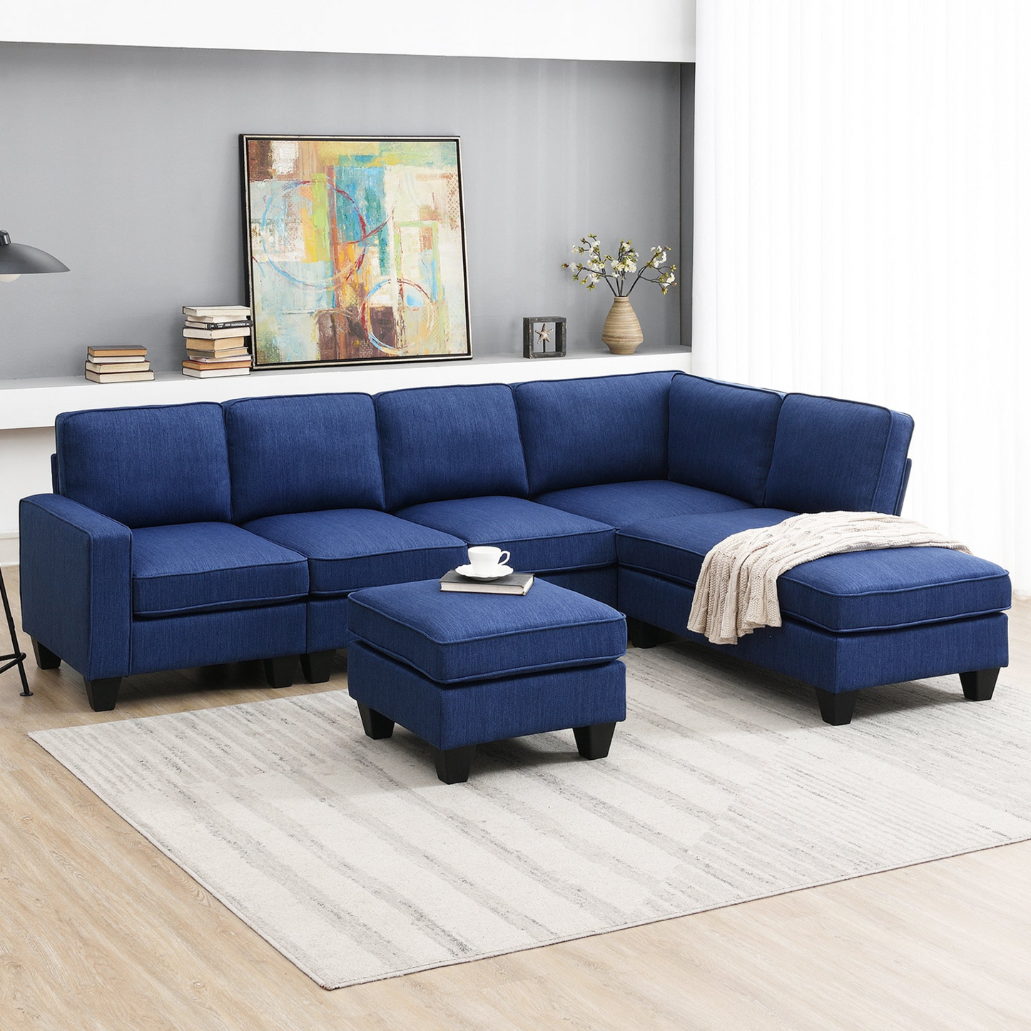 [product_type] | Modern L-shaped Sectional Sofa, 7-seat Linen Fabric Couch Set with Chaise Lounge and Convertible Ottoman | casafoyer.myshopify.com