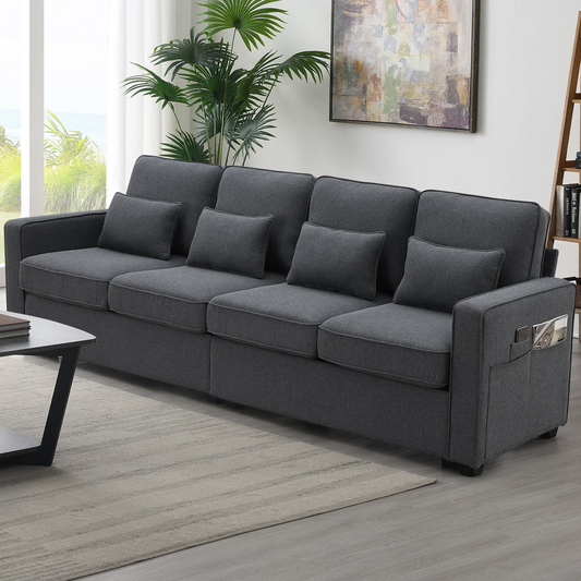 Sofa & Chair sets | 4-Seater Modern Linen Fabric Sofa with Armrest Pockets and 4 Pillows,Minimalist Style Couch for Living Room, Apartment, Office,3 Colors | casafoyer.myshopify.com