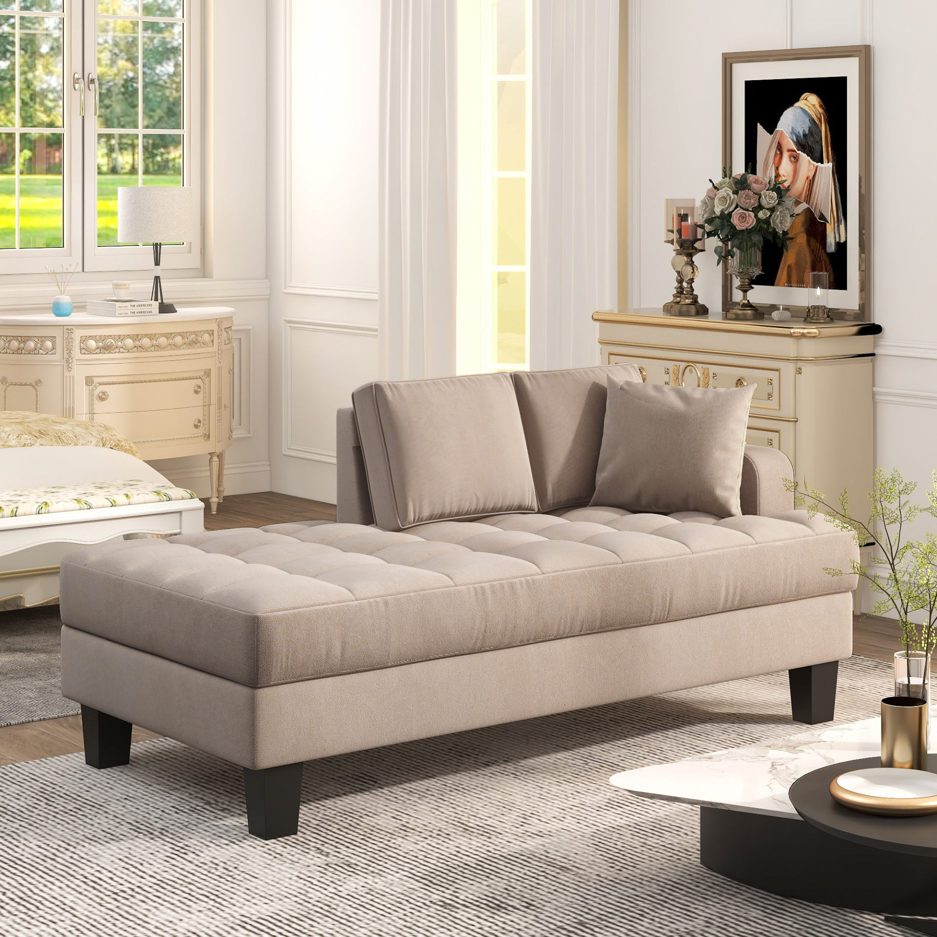 [product_type] | 64" Deep Tufted Upholstered Textured Fabric Chaise Lounge,Toss Pillow included,Living room Bedroom Use,Warm Grey | casafoyer.myshopify.com