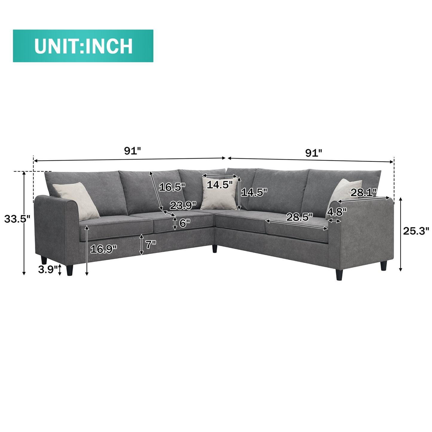 Sofa & Chair sets | Modern Upholstered Living Room Sectional Sofa, L Shape Furniture Couch with 3 Pillows | casafoyer.myshopify.com