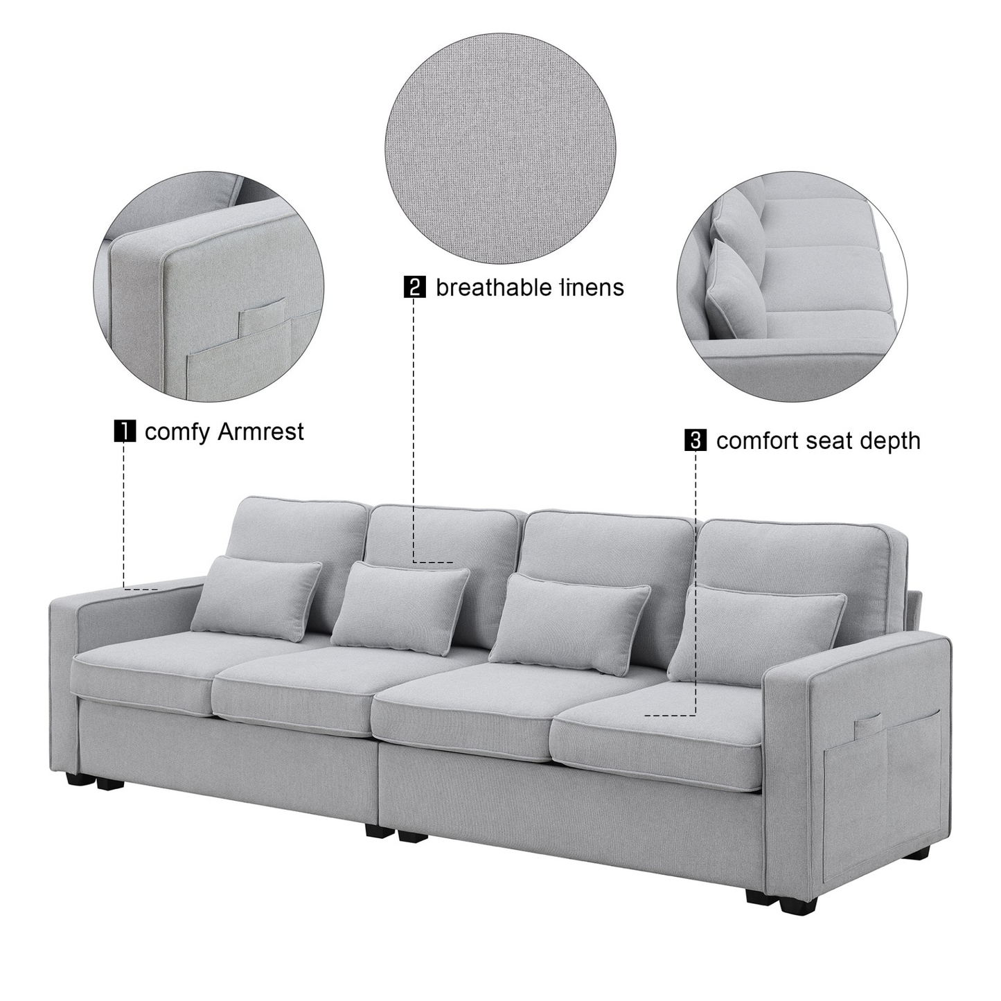 [product_type] | 104" 4-Seater Modern Linen Fabric Sofa with Armrest Pockets and 4 Pillows, Minimalist Style Couch for Living Room, Apartment, Office, 3 Colors | casafoyer.myshopify.com