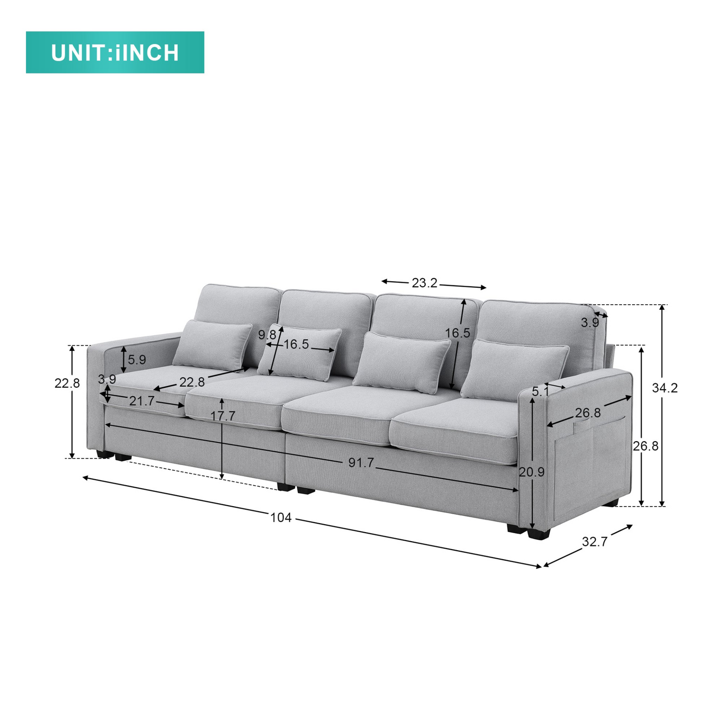 [product_type] | 104" 4-Seater Modern Linen Fabric Sofa with Armrest Pockets and 4 Pillows, Minimalist Style Couch for Living Room, Apartment, Office, 3 Colors | casafoyer.myshopify.com