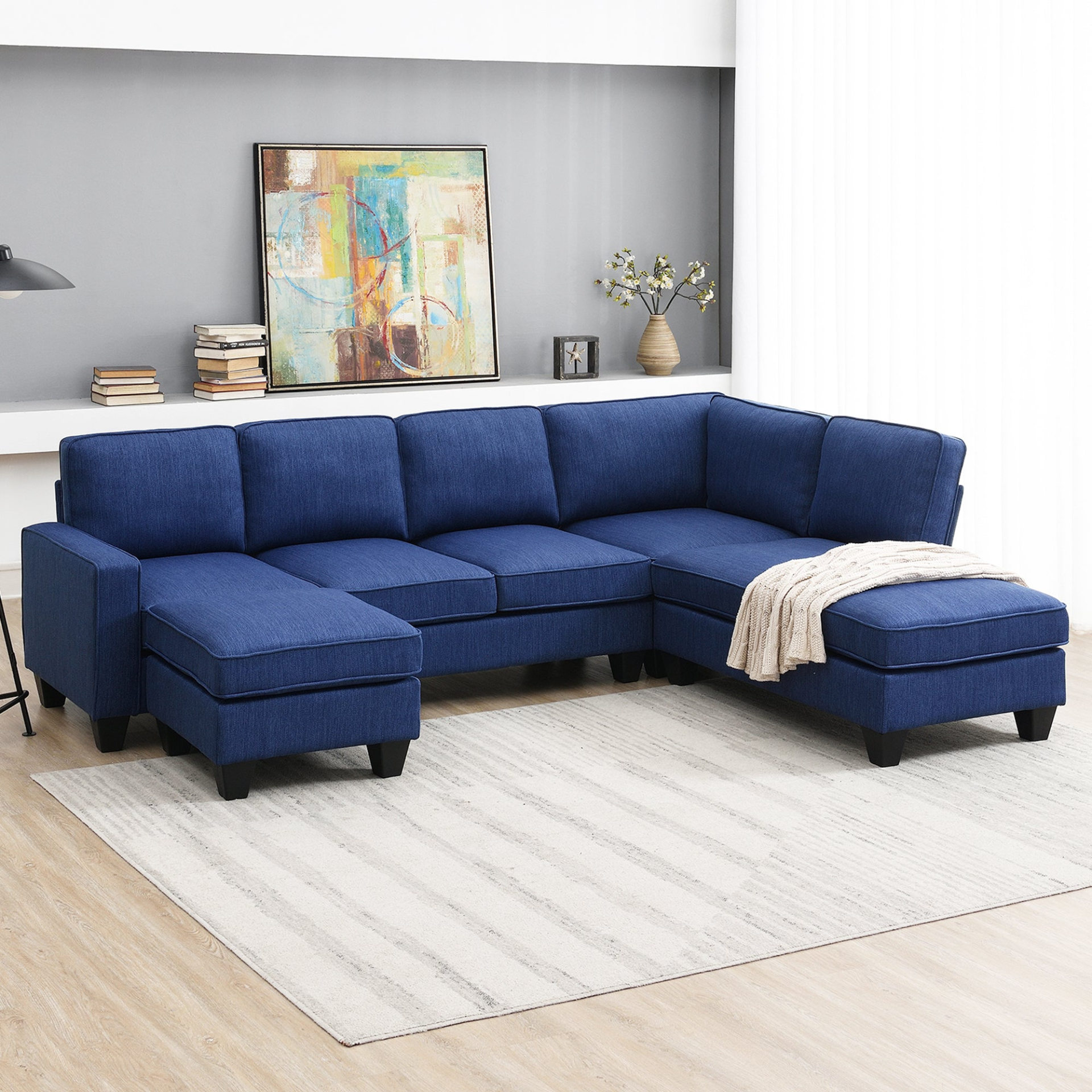 [product_type] | Modern L-shaped Sectional Sofa, 7-seat Linen Fabric Couch Set with Chaise Lounge and Convertible Ottoman | casafoyer.myshopify.com