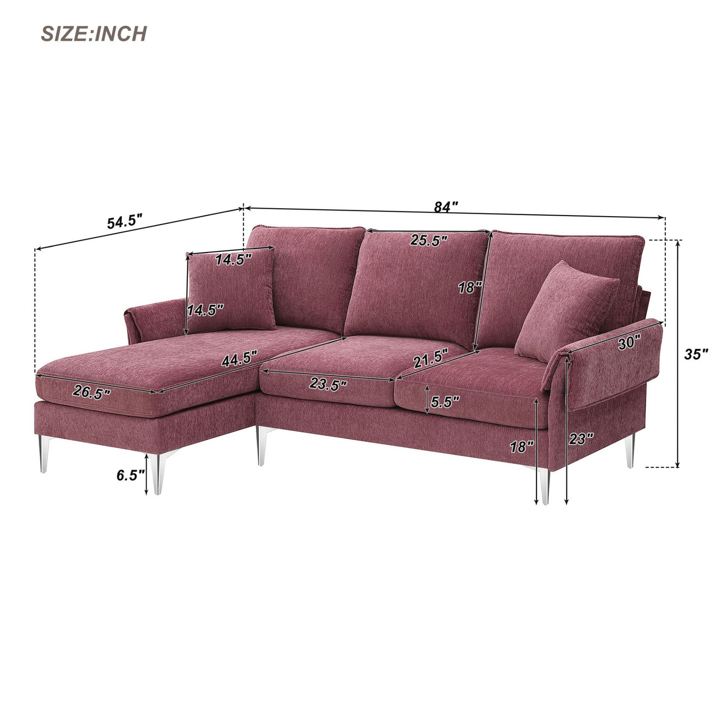 [product_type] | 84 " Convertible Sectional Sofa, Modern Chenille L-Shaped Sofa Couch with Reversible Chaise Lounge, Fit for Living Room, Apartment(2 Pillows) | casafoyer.myshopify.com