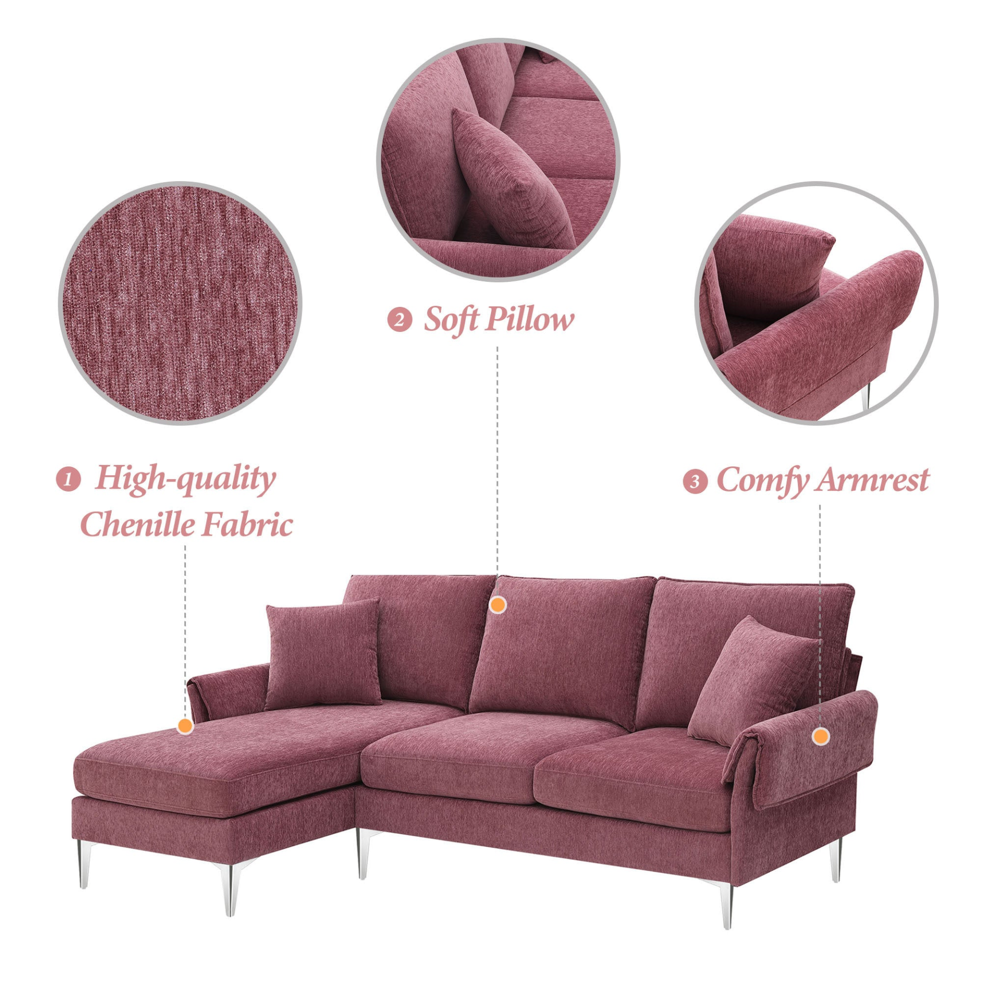 [product_type] | 84 " Convertible Sectional Sofa, Modern Chenille L-Shaped Sofa Couch with Reversible Chaise Lounge, Fit for Living Room, Apartment(2 Pillows) | casafoyer.myshopify.com