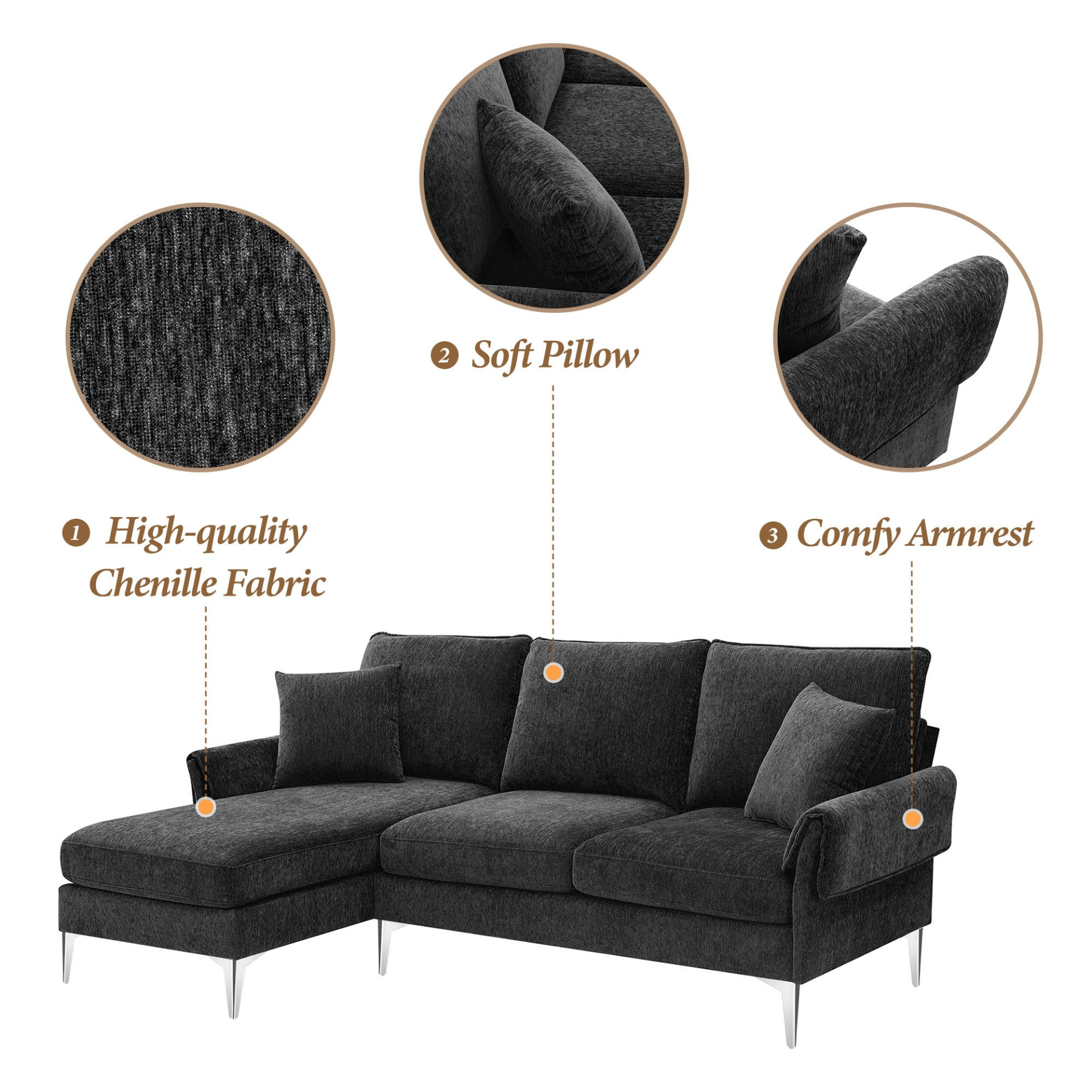 [product_type] | 84 " Convertible Sectional Sofa, Modern Chenille L-Shaped Sofa Couch with Reversible Chaise Lounge, Fit for Living Room, Apartment(2 Pillows) | casafoyer.myshopify.com