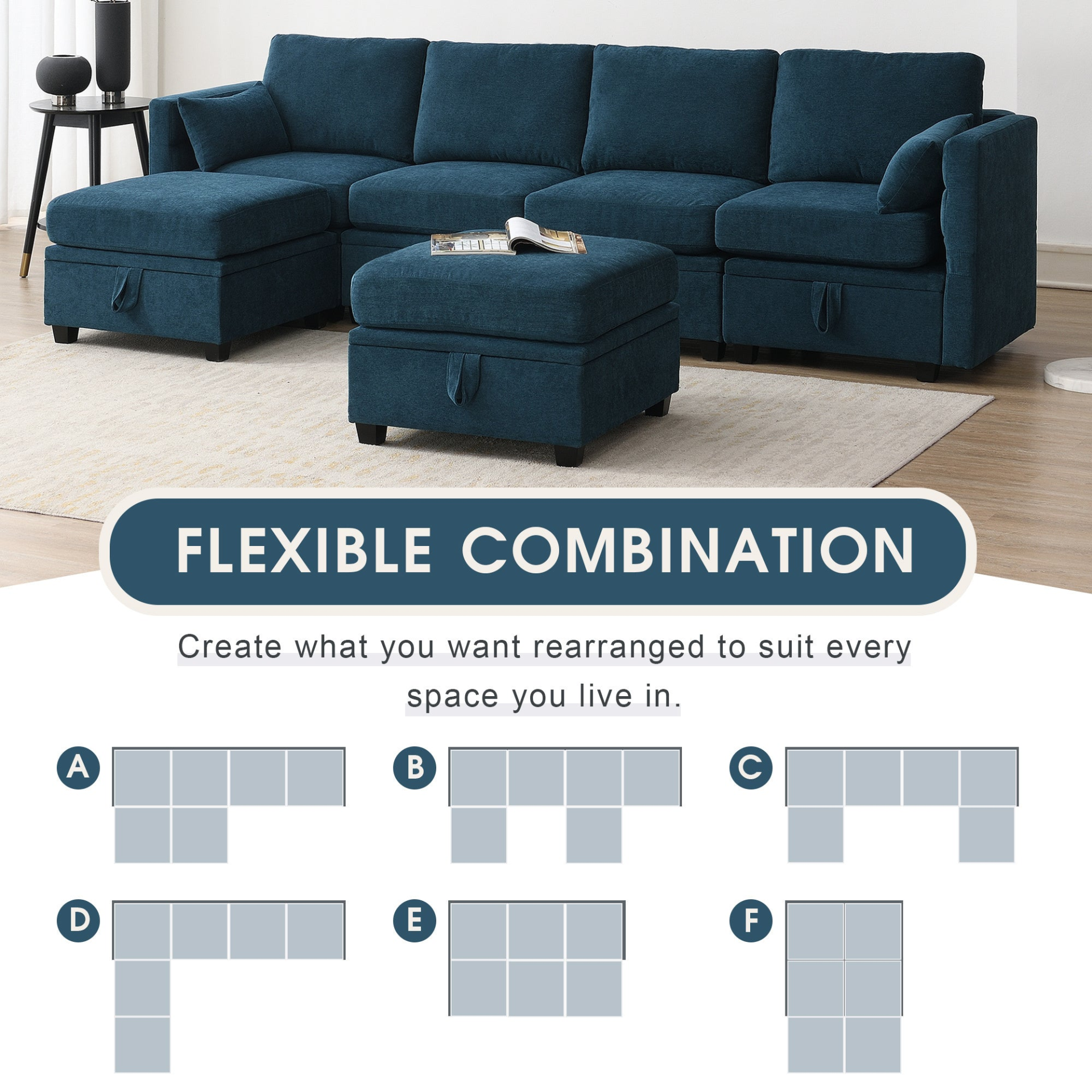 Sofa & Chair sets | Chenille Modular Sectional Sofa,U Shaped Couch with Adjustable Armrests and Backrests,6 Seat Reversible Sofa Bed with Storage Seats for Living Room, Apartment,2 Colors | casafoyer.myshopify.com