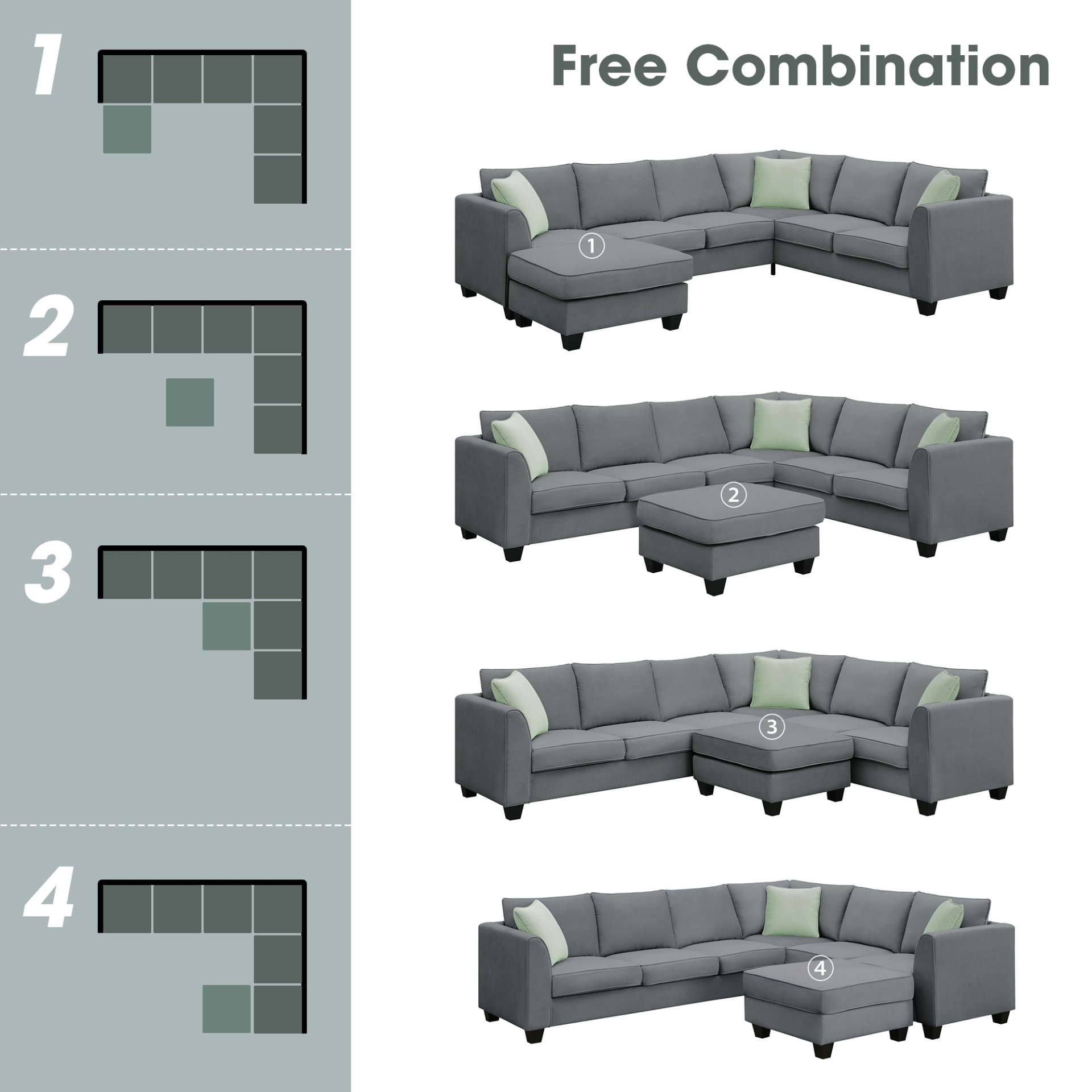 Sofa & Chair sets | Sectional Sofa Couches Living Room Sets, 7 Seats Modular Sectional Sofa with Ottoman, L Shape Fabric Sofa Corner Couch Set with 3 Pillows, Grey | casafoyer.myshopify.com