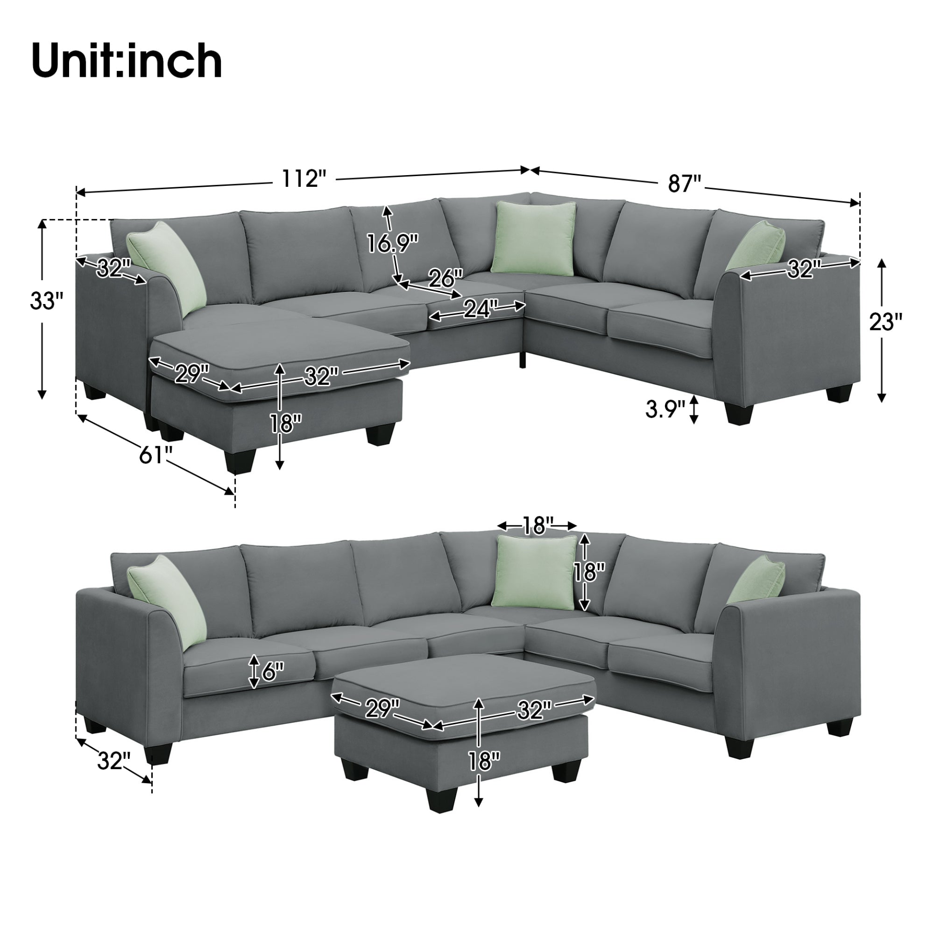 Sofa & Chair sets | Sectional Sofa Couches Living Room Sets, 7 Seats Modular Sectional Sofa with Ottoman, L Shape Fabric Sofa Corner Couch Set with 3 Pillows, Grey | casafoyer.myshopify.com