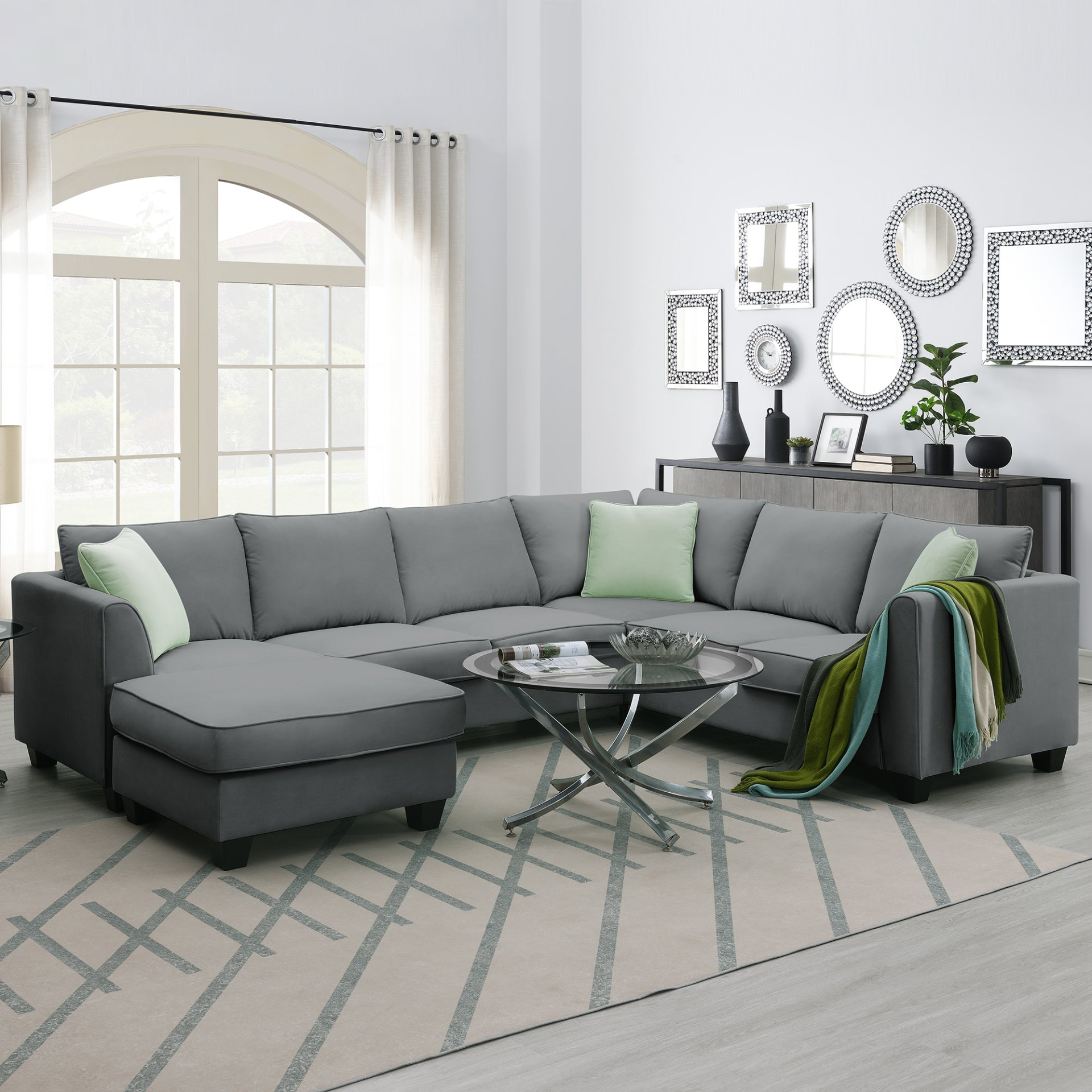 Sofa & Chair sets | Sectional Sofa Couches Living Room Sets, 7 Seats Modular Sectional Sofa with Ottoman, L Shape Fabric Sofa Corner Couch Set with 3 Pillows, Grey | casafoyer.myshopify.com