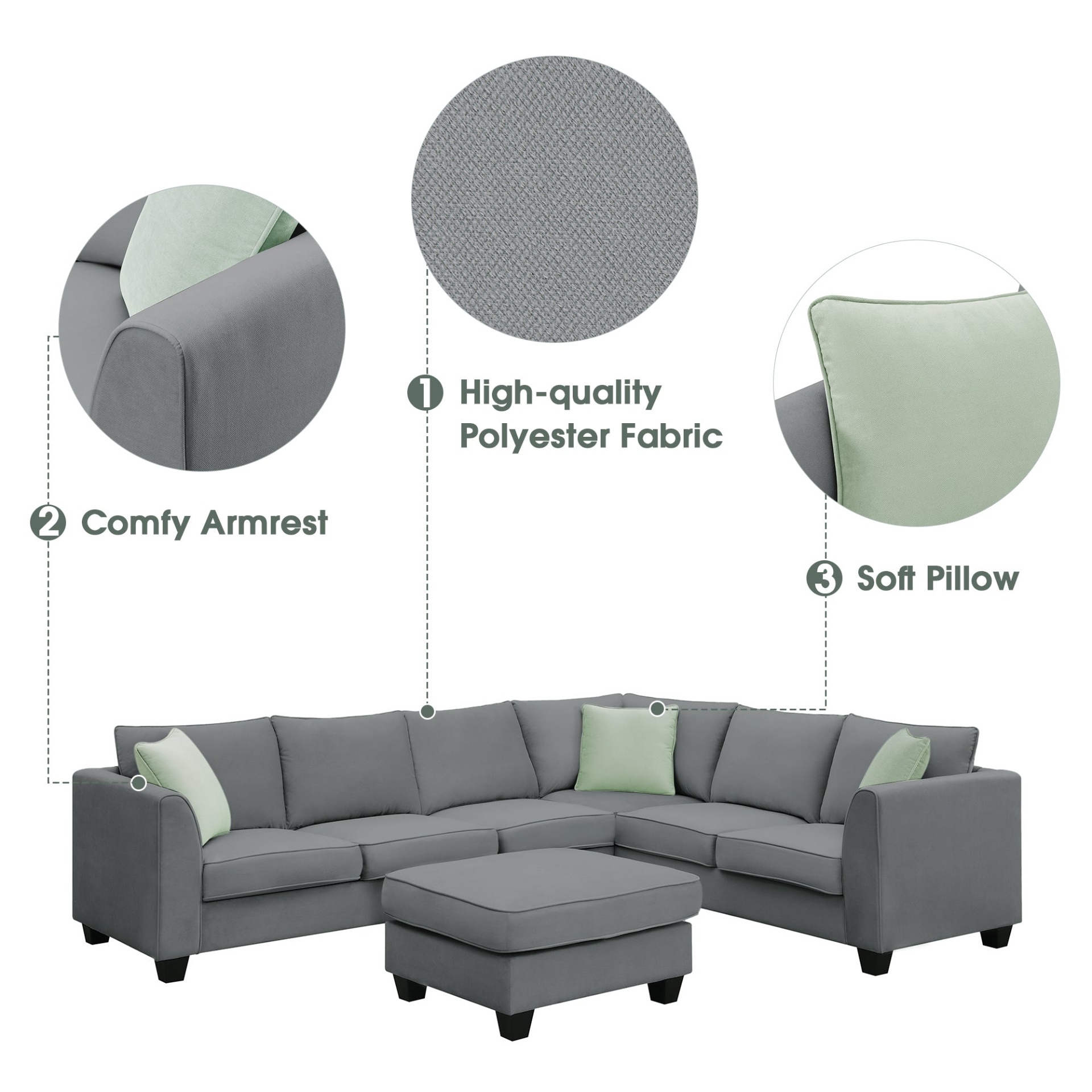 Sofa & Chair sets | Sectional Sofa Couches Living Room Sets, 7 Seats Modular Sectional Sofa with Ottoman, L Shape Fabric Sofa Corner Couch Set with 3 Pillows, Grey | casafoyer.myshopify.com