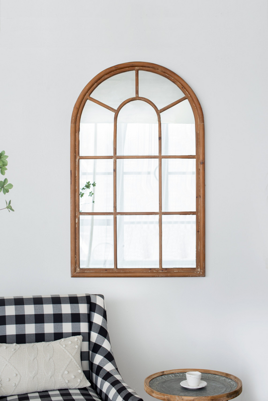 Large Arched Accent Mirror with Brown Frame with Decorative Window Look Classic Architecture Style Solid Fir Wood Interior Decor