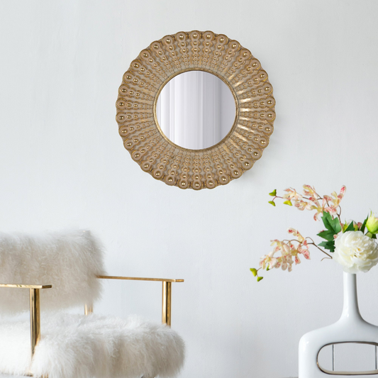 Transitional Beaded Sunburst Mirror, Round Accent Wall Mirror for Living Room, Entryway, Bathroom, Office, Foyer