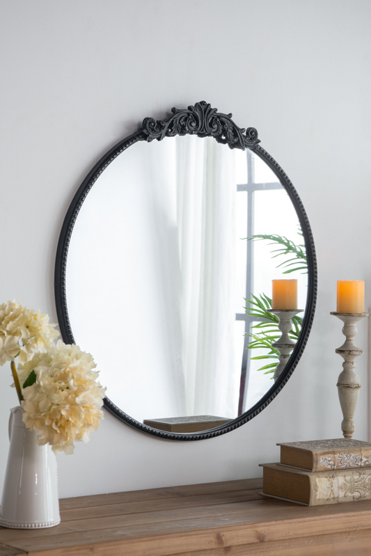 Classic Design Mirror with Round Shape and Baroque Inspired Frame for Bathroom, Entryway Console Lean Against Wall