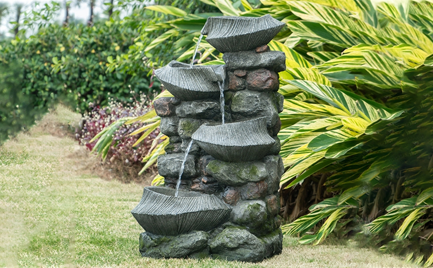 Garden Fountains | Indoor Outdoor Stone Water Fountain,  4-Tier Polyresin Cascading Rock Bowl Freestanding Fountain with LED Ligh | casafoyer.myshopify.com