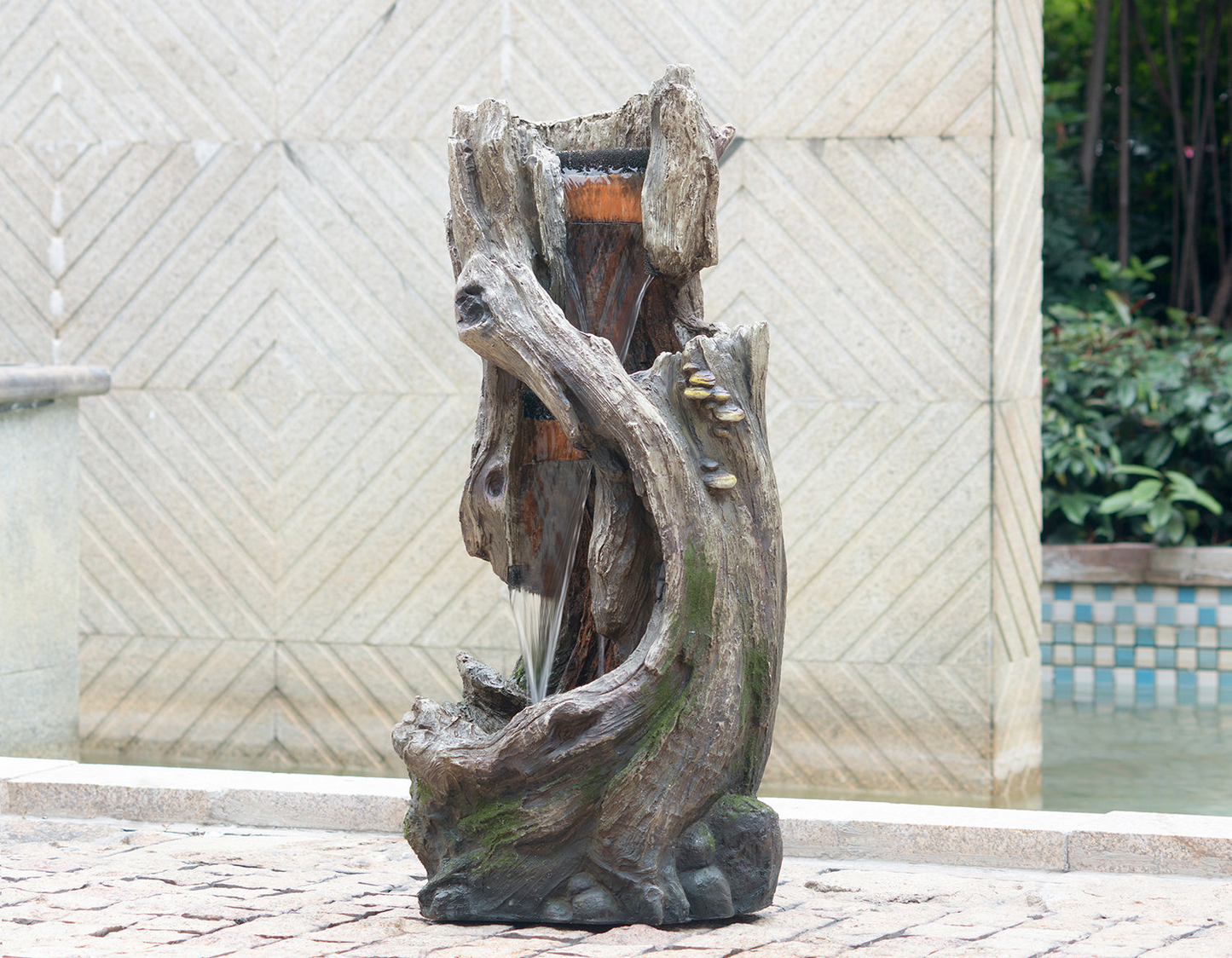 [product_type] | 17.5x15.5x39.5" Indoor Outdoor Tree Trunk Fountain | Rustic Floor Standing Waterfall Fountain with Light | casafoyer.myshopify.com