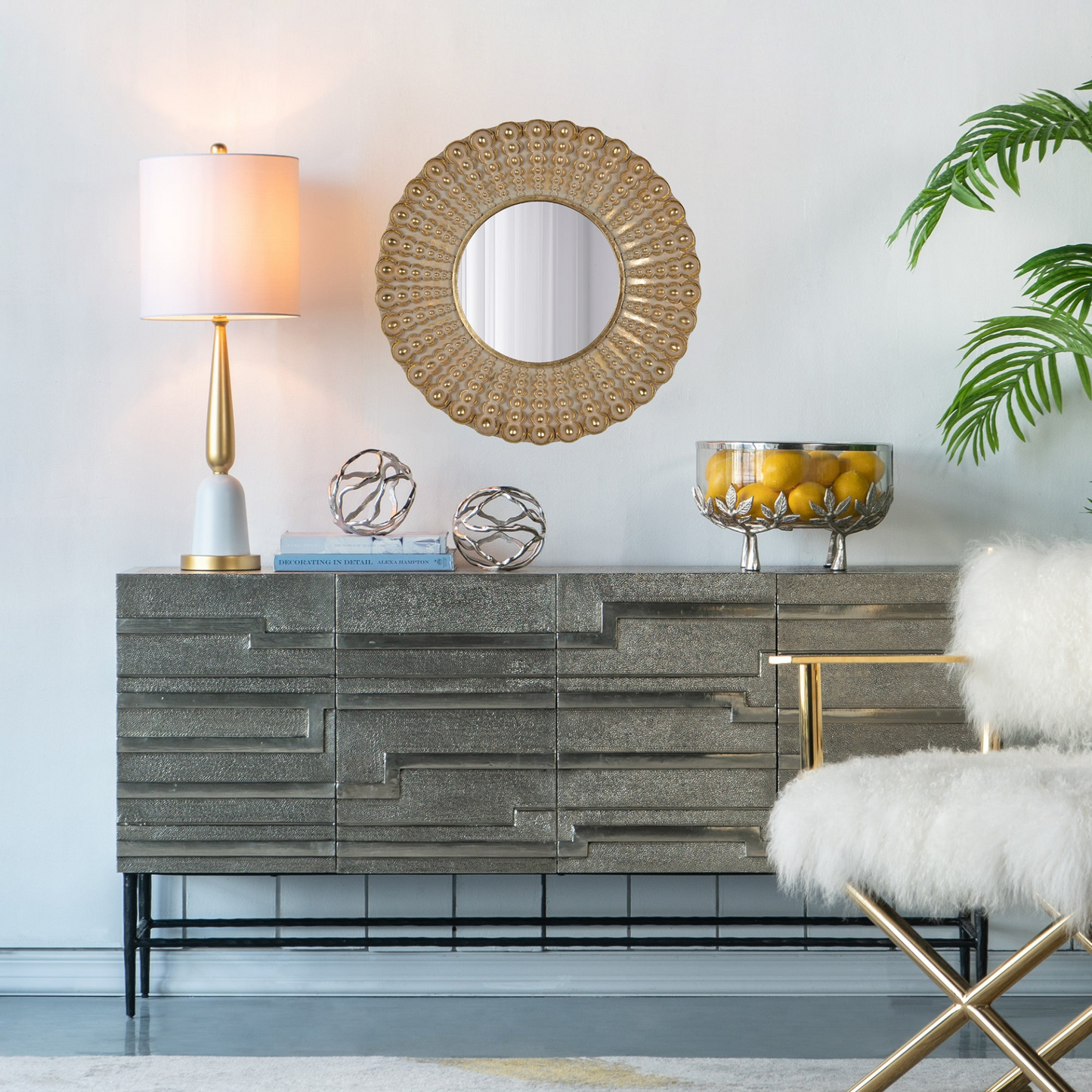 Wall mirror | Transitional Beaded Sunburst Mirror, Round Accent Wall Mirror for Living Room, Entryway, Bathroom, Office, Foyer | casafoyer.myshopify.com