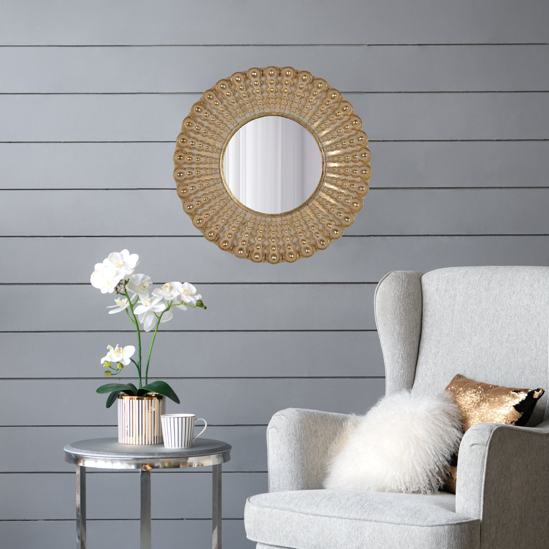 Wall mirror | Transitional Beaded Sunburst Mirror, Round Accent Wall Mirror for Living Room, Entryway, Bathroom, Office, Foyer | casafoyer.myshopify.com