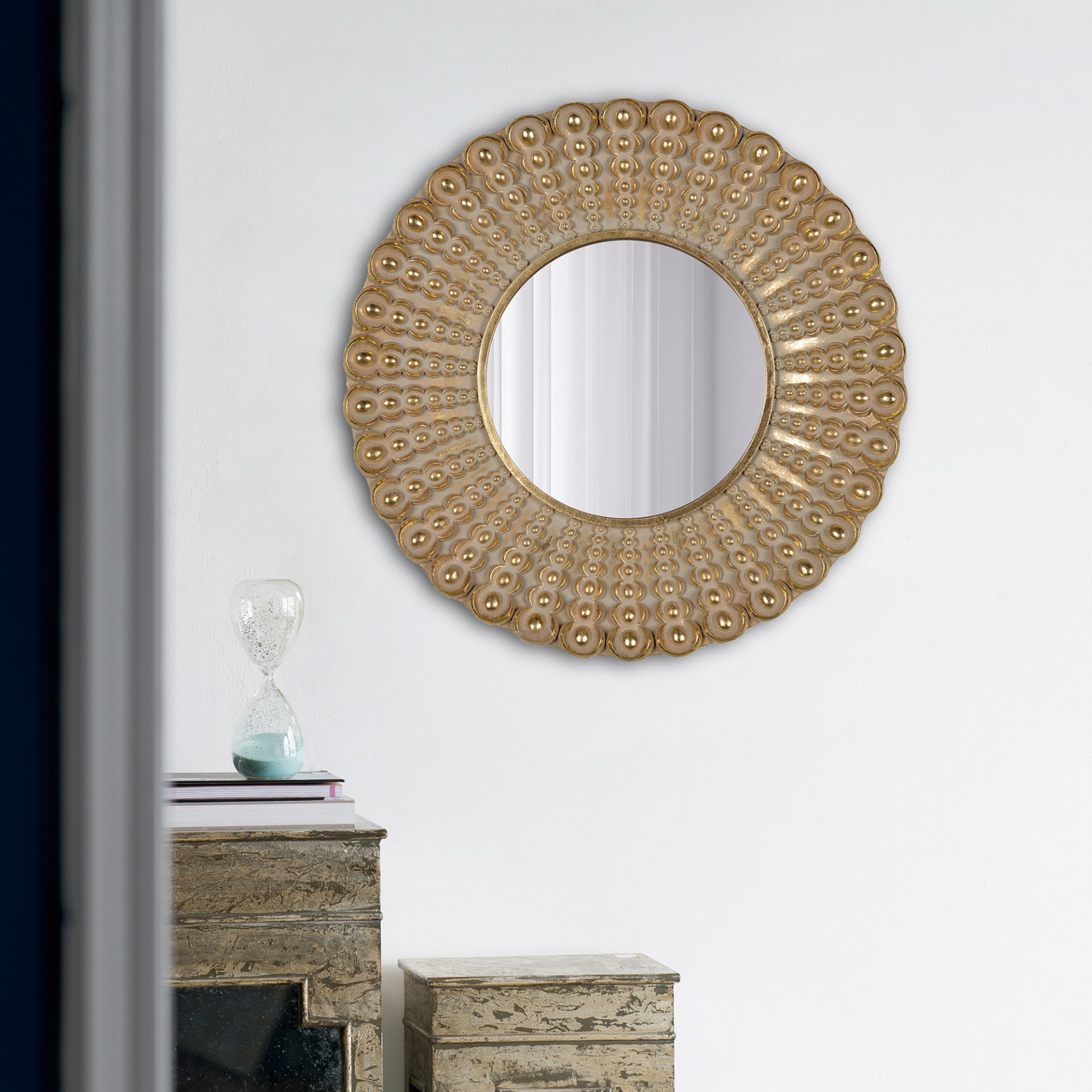 Wall mirror | Transitional Beaded Sunburst Mirror, Round Accent Wall Mirror for Living Room, Entryway, Bathroom, Office, Foyer | casafoyer.myshopify.com