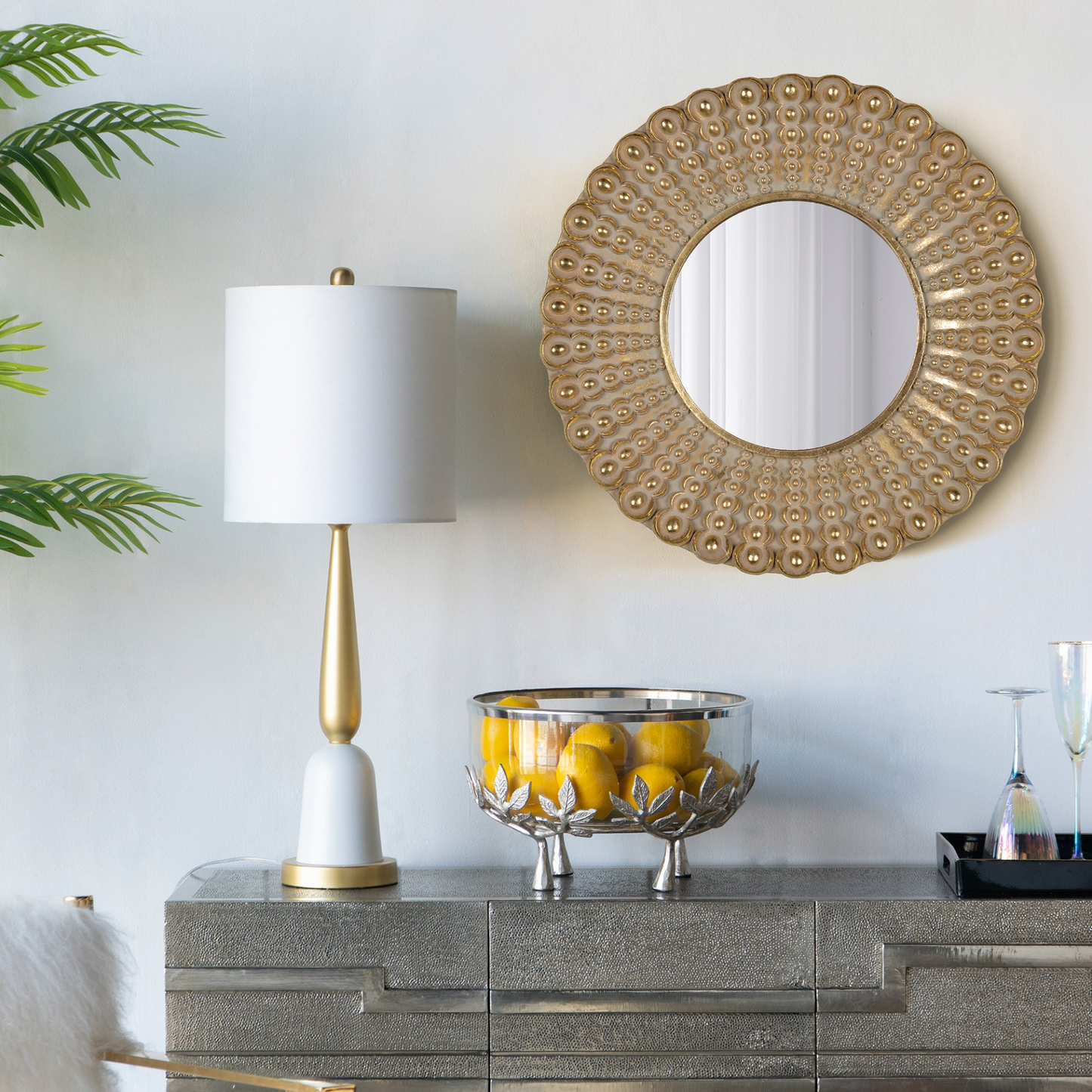 Wall mirror | Transitional Beaded Sunburst Mirror, Round Accent Wall Mirror for Living Room, Entryway, Bathroom, Office, Foyer | casafoyer.myshopify.com