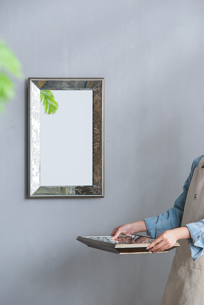 [product_type] | 20" x 12" Antique Silver Rectangle Mirror with Floral Accents, Mirrored Display Tray, Hanging Wall Mirror | casafoyer.myshopify.com