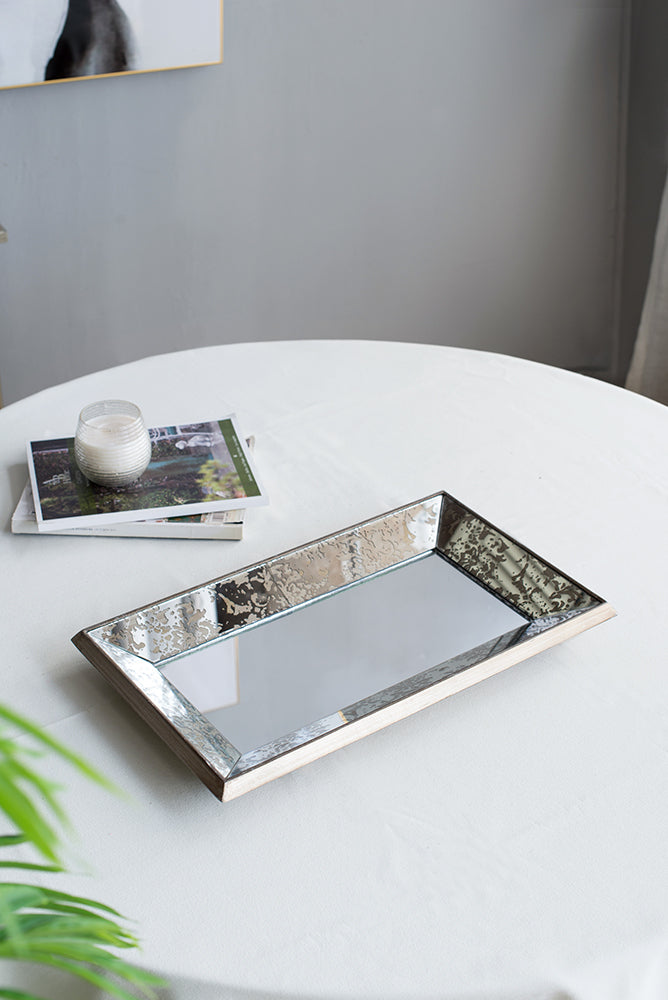 [product_type] | 20" x 12" Antique Silver Rectangle Mirror with Floral Accents, Mirrored Display Tray, Hanging Wall Mirror | casafoyer.myshopify.com