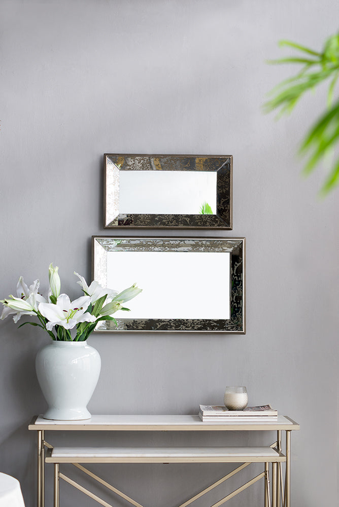 [product_type] | 20" x 12" Antique Silver Rectangle Mirror with Floral Accents, Mirrored Display Tray, Hanging Wall Mirror | casafoyer.myshopify.com