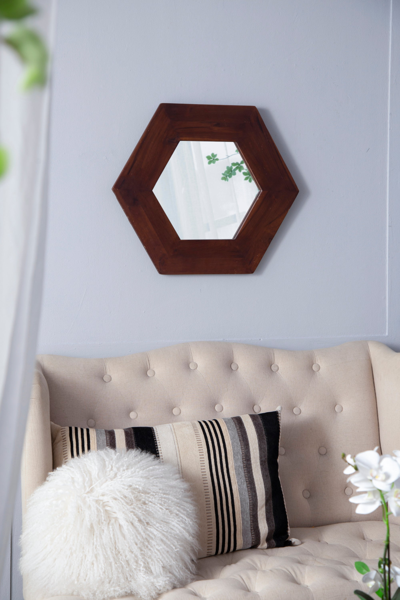 [product_type] | 18.5" x 18.5" Hexagon Mirror with Solid Wood Frame | Wall Decor for Living Room, Bathroom, Hallway | Dark Brown | casafoyer.myshopify.com