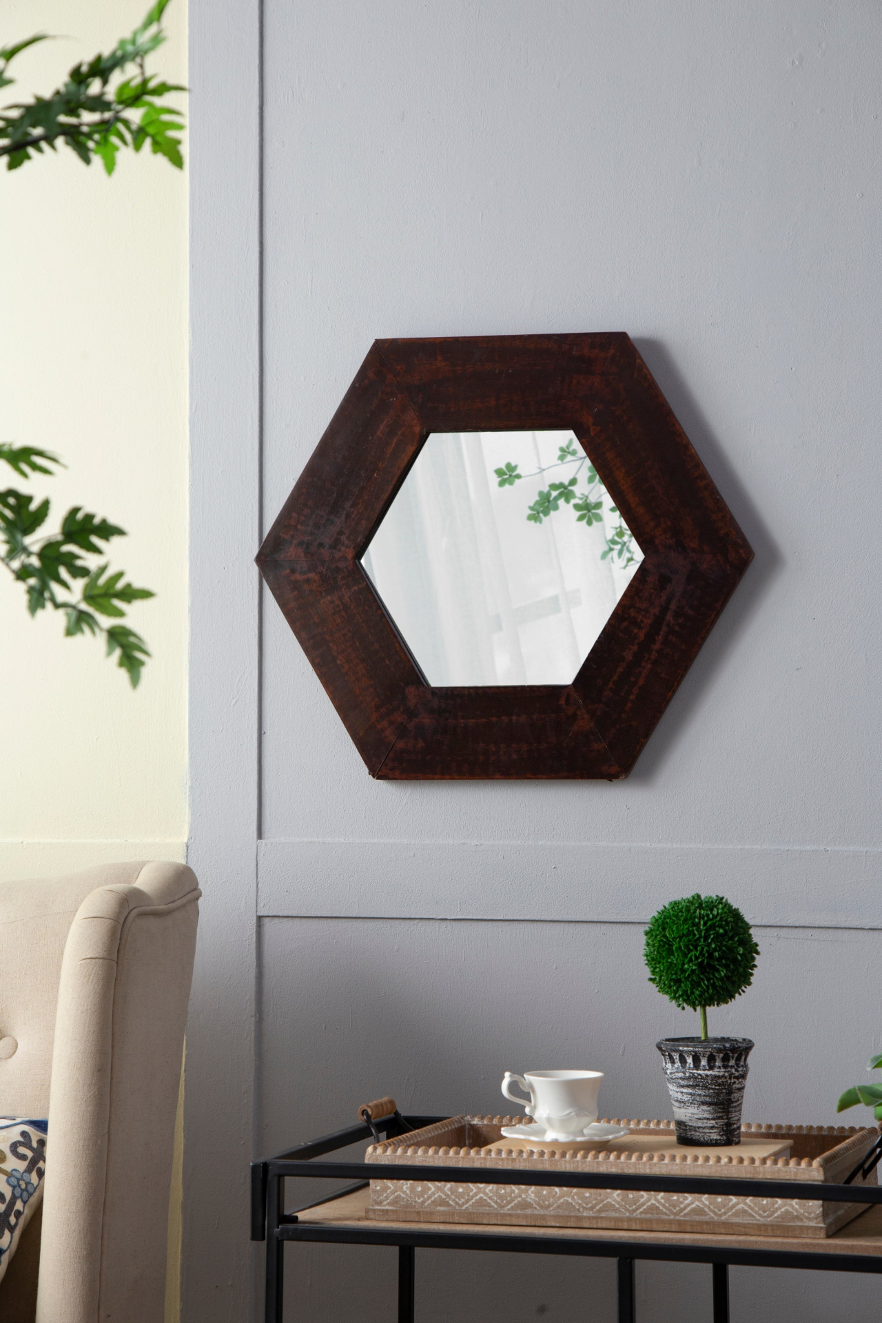 [product_type] | 18.5" x 18.5" Hexagon Mirror with Solid Wood Frame | Wall Decor for Living Room, Bathroom, Hallway | Dark Brown | casafoyer.myshopify.com